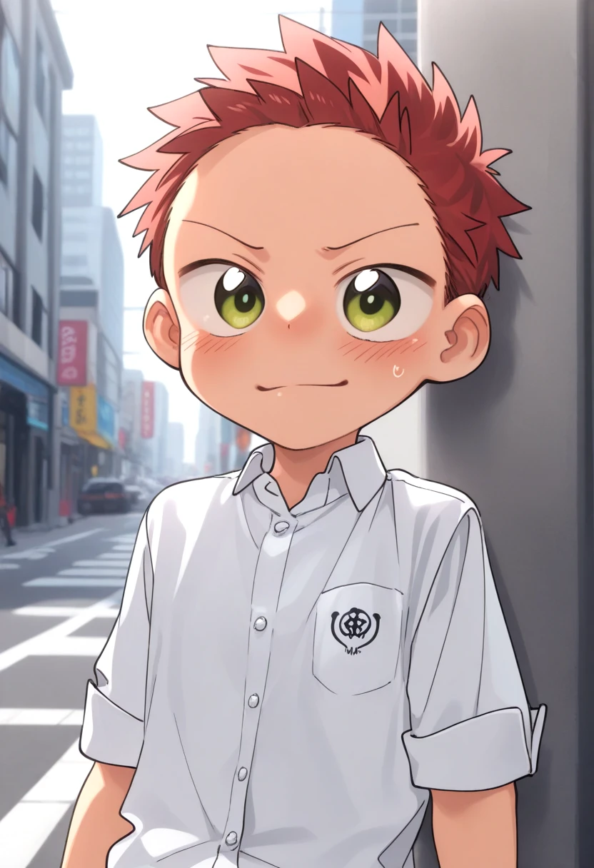 <lora:cutifiedanimecharacterdesign_variant_type_D_IL_v10:1>
type-d, solo, blush, short hair, 1boy, green eyes, male focus, red hair, city, white polo shirt, happy face expression,