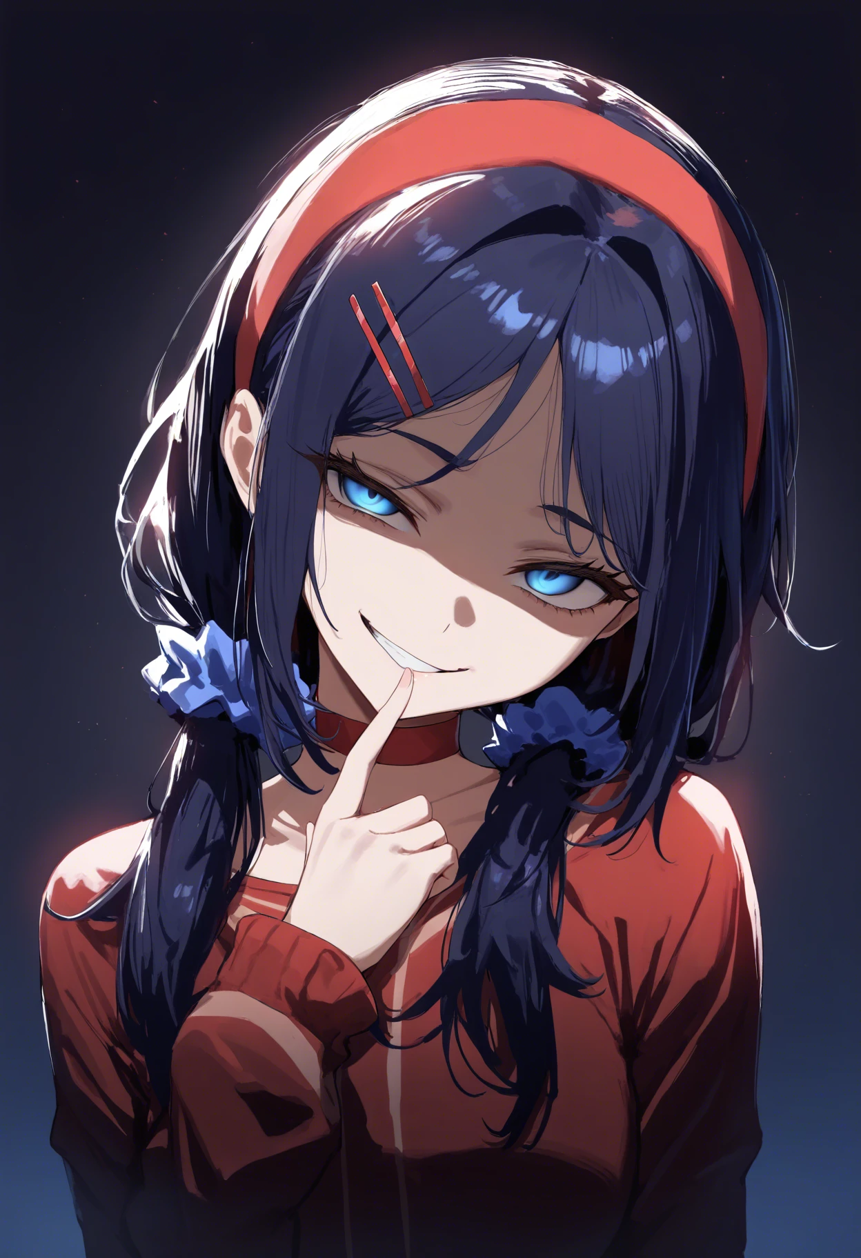 masterpiece, best quality, high score, great score, absurdres, 1girl, mita \(miside\), miside, blue eyes, low twintails, red hairband, blue scrunchie, red hairclip, red choker, finger to mouth, partially shaded face, head tilt, gesugao, smirk, upper body, dark background, dark