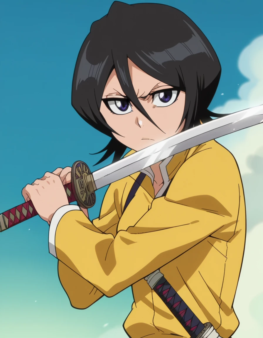 score_9, score_8_up, score_7_up, source_anime, <lora:rukia-kuchiki-ponyxl-lora-nochekaiser:1>, rukia kuchiki, black hair, hair between eyes, purple eyes, short hair, mature female, small breasts, anime screencap, <lora:sword-guard-stance-ponyxl-lora-nochekaiser:1>, sword guard stance, sword, weapon, solo, katana, holding, holding weapon, holding sword, looking at viewer,, jumpsuit, yellow jumpsuit, high collar, cowboy shot, pants,,
