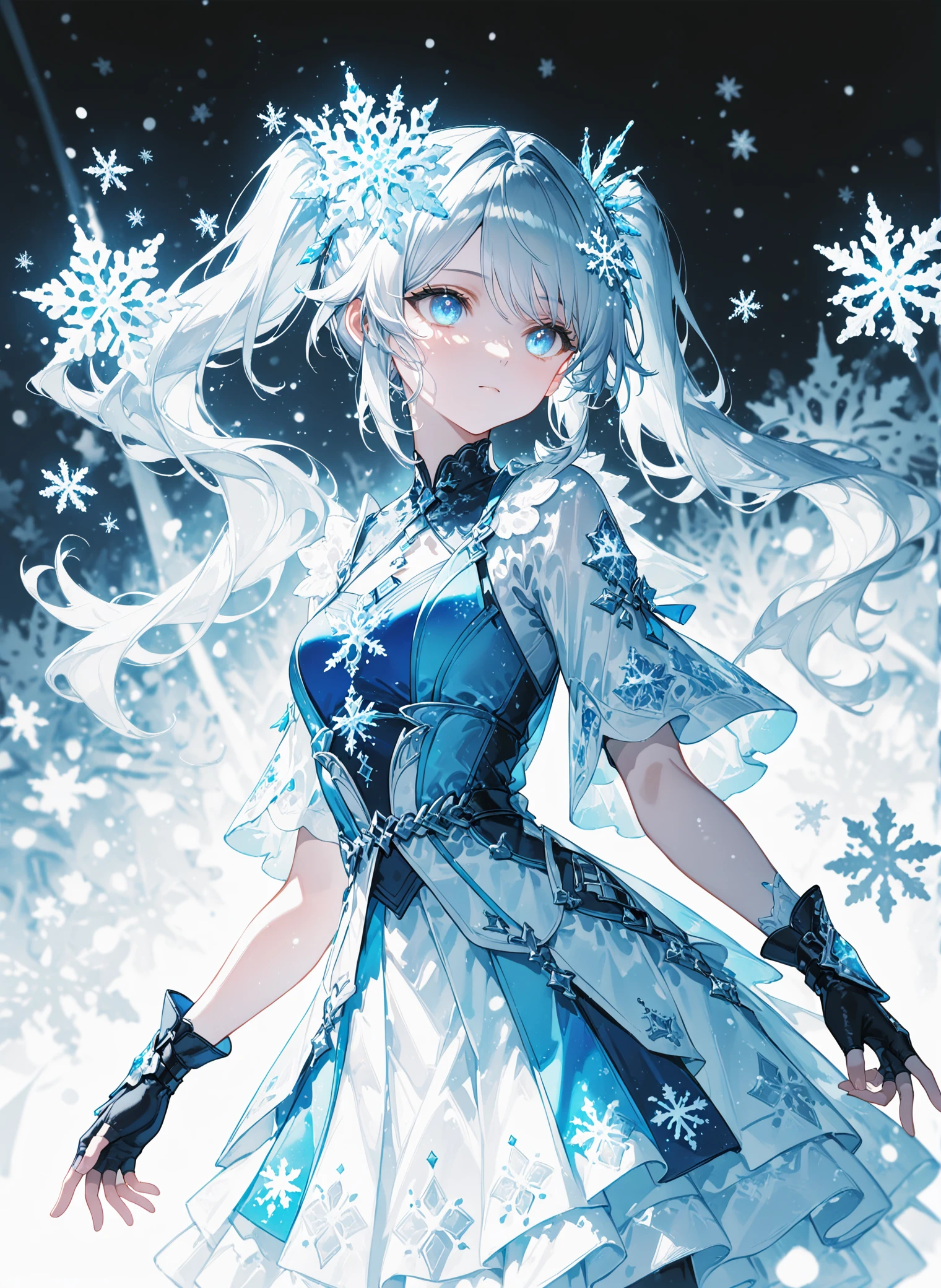 best quality,masterpiece,absurdres,newest,
<lora:sshfstyle_XL_PB:0.75>,
(soft lighting:1.1),(weaklight:1.3), (moody lighting, volumetric lighting),
This digital anime-style illustration features a young woman with long, flowing silver hair styled in twin pigtails, adorned with a delicate, snowflake-patterned crown. Her eyes are large and expressive, with a light blue hue, matching the ethereal, icy theme. She wears a sleeveless, form-fitting dress with a high neckline and a voluminous, layered white skirt that resembles snowflakes, enhancing the wintery aesthetic. Her arms are covered in blue, fingerless gloves that blend seamlessly with the icy background. The lighting is cool and artificial, predominantly blue, casting a soft glow that highlights her figure and the intricate details of her outfit. The background is blurred, focusing attention on the character, and features abstract, swirling patterns of snowflakes. The depth of field is shallow, emphasizing the character's dynamic pose as she reaches out with one arm.