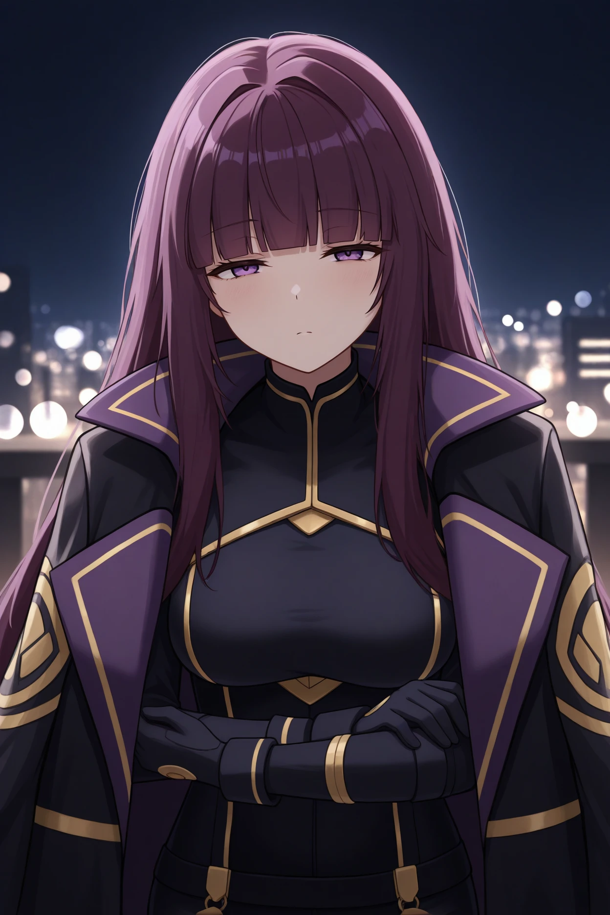 masterpiece, best quality, 1girl, solo, <lora:eta-illu-nvwls-v1-000006:1> sdeta, purple hair, blunt bangs, long hair, purple eyes, black coat on shoulders, black bodysuit, gold trim, black gloves, black pants, night, upper body, looking at viewer, half-closed eyes, tired, bokeh, city