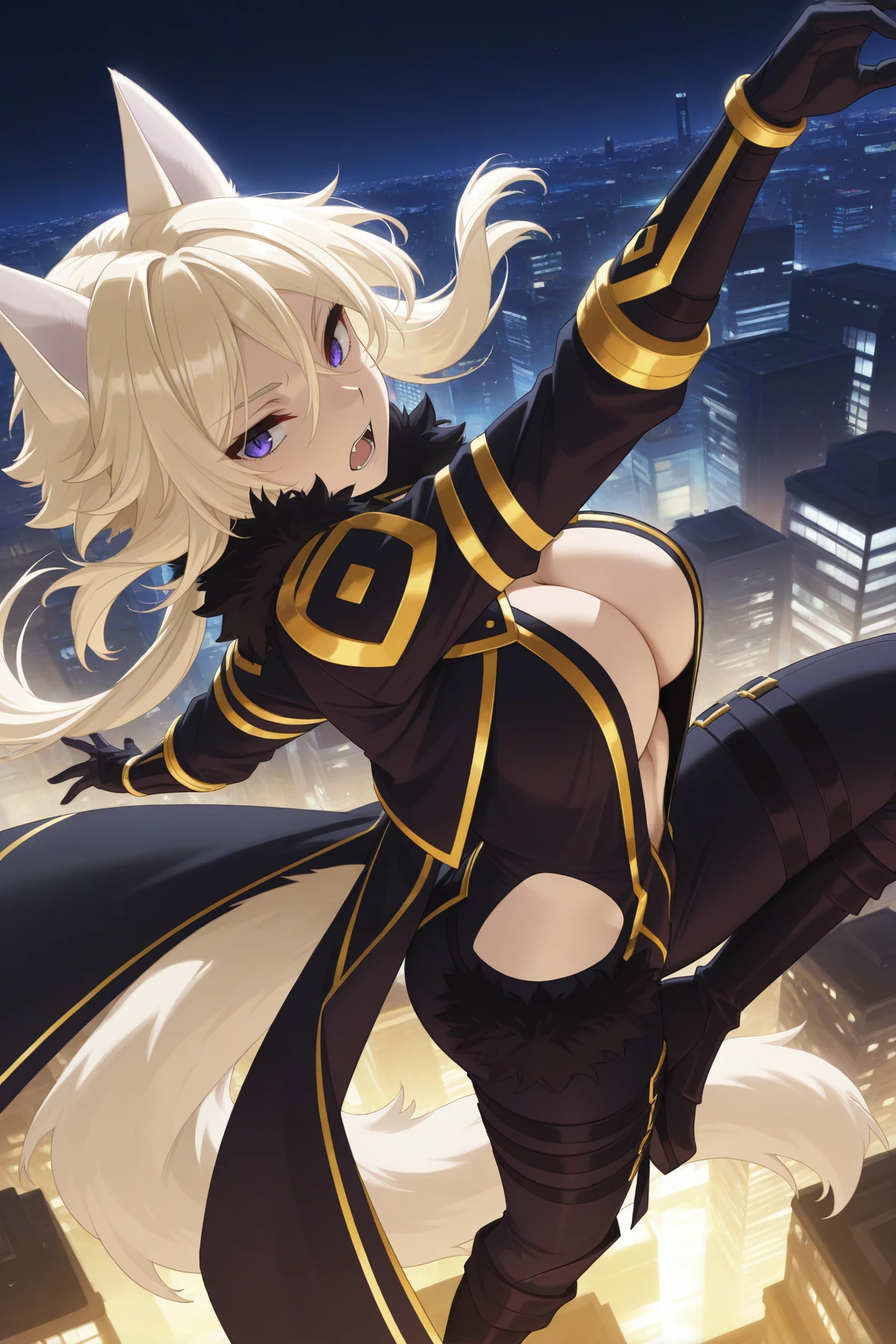 (best quality, highres:1.2), ultra-detailed, realistic:1.37, one girl, Metallia, long blond hair, detailed strands, fox ears, slightly tilted, twin braids, flowing gracefully, small slim body with delicate curves, smooth skin, fair complexion, radiant, green eyes shining with mystery, sharp teeth peeking through a playful smile, naked, supple breasts, well-defined collarbone emphasizing femininity, delicate wrists, delicate fingers, alluring pose, lying gracefully, legs slightly apart, reclining on a plush velvet chaise lounge, luxurious setting, golden candlelight flickering, casting seductive shadows, elaborate ebony frame, huge transparent dildo, sleek and glistening, reflecting the warm glow of the candles, suggestive playfulness, intimacy in the air.