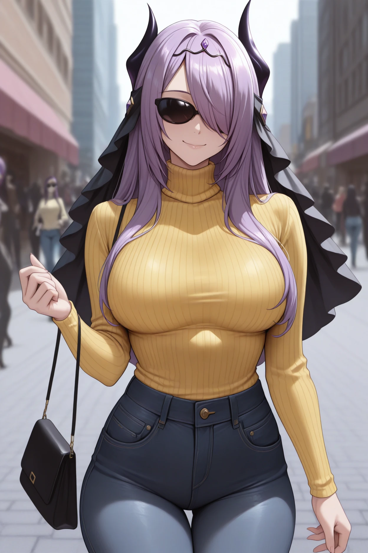 high-key and low-variance brightness scale,soft light,realistic light and shadow, light and dark interlaced,
(masterpiece),(best quality),(highrey famous artist),(((official art))),(by Paul Hedley),(illustration),
1girl,ferin,solo,the girl leaned against the railing on the street,cowboy shot,(looking_at_viewer),(hands_in_pockets:1.3),dynamic_pose,
purple hair,very long hair,(reflective hair),blunt bangs,(purple eyes),
(:1.3),navel,(off_shoulder), 
(black_jacket_with_turtleneck_sweater_inside),(black_surgical_mask:1.3),denim_shortlack_thighhighs:1.3),sneakers,
(day, street)