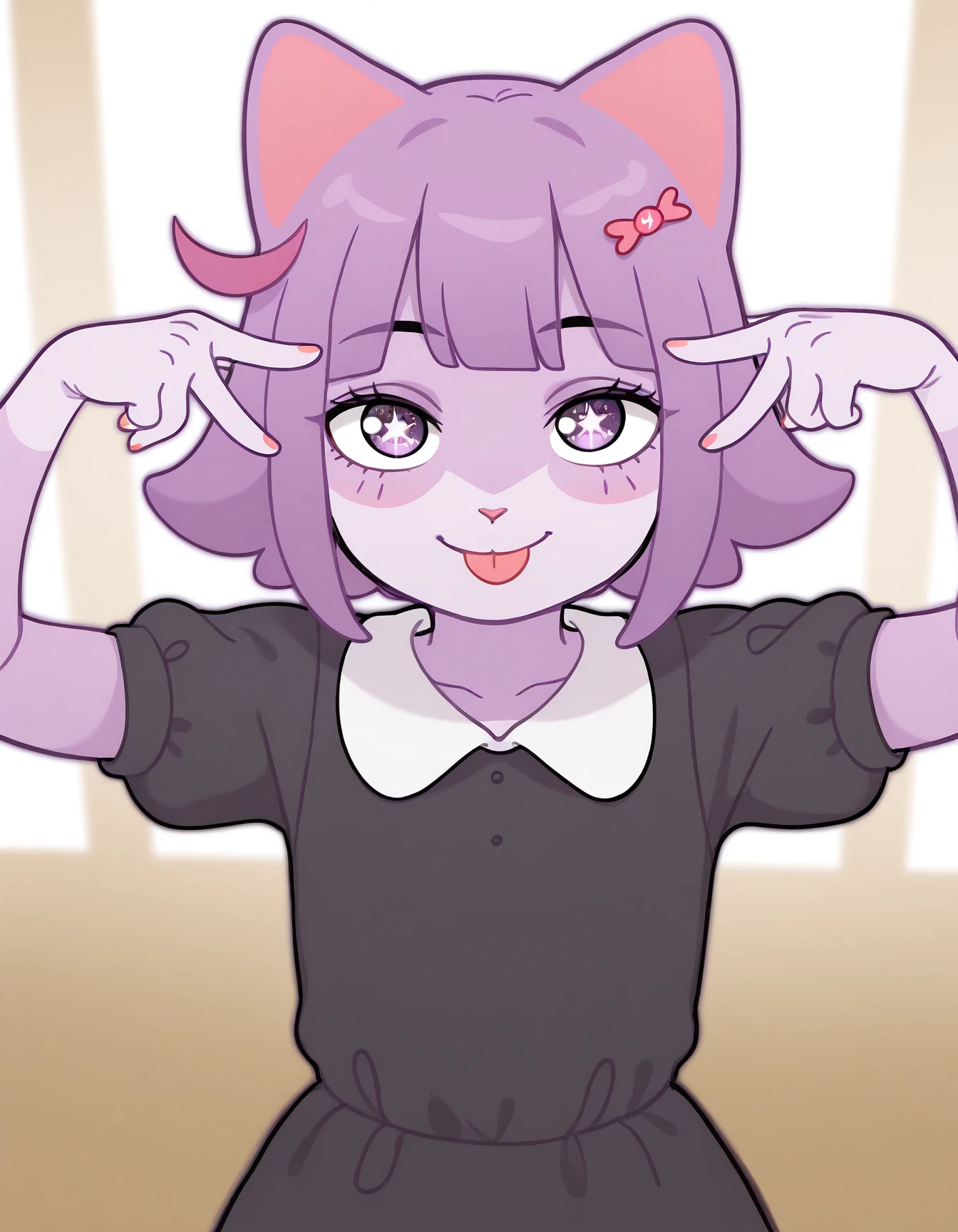 masterpiece, best quality, amazing quality, very aesthetic, high resolution, solo, furry
Masunya-vkstickrs, purple fur, short purple hair, cat ears, purple inner highlights, black dress, white collar, purple eyes, aihsnpose, smile, tongue out, double v, star-shaped pupils
<lora:Masunya-vkstickrs_il:0.9>
<lora:pose_aihoshinopose_illustriousXL:1>