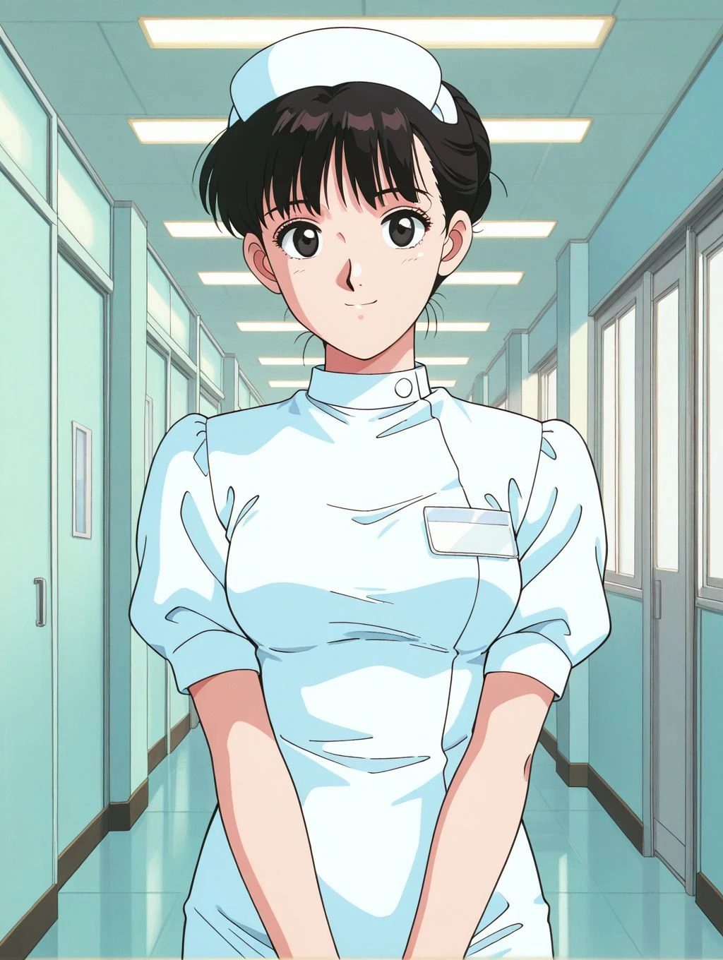 masterpiece, best quality, newest, absurdres, highres, detailed eyes, beautiful, detailed background, perfect eyes, anime coloring, 1990s \(style\), 1girl, solo, mihashi haruko, black hair, short hair, single hair bun, bangs, black eyes, medium breasts, nurse, nurse cap, white shirt, puffy short sleeves, white pencil skirt, looking at viewer, smile, (indoors, hospital, hallway), <lora:haruko_roujinz_illus-06:0.8>