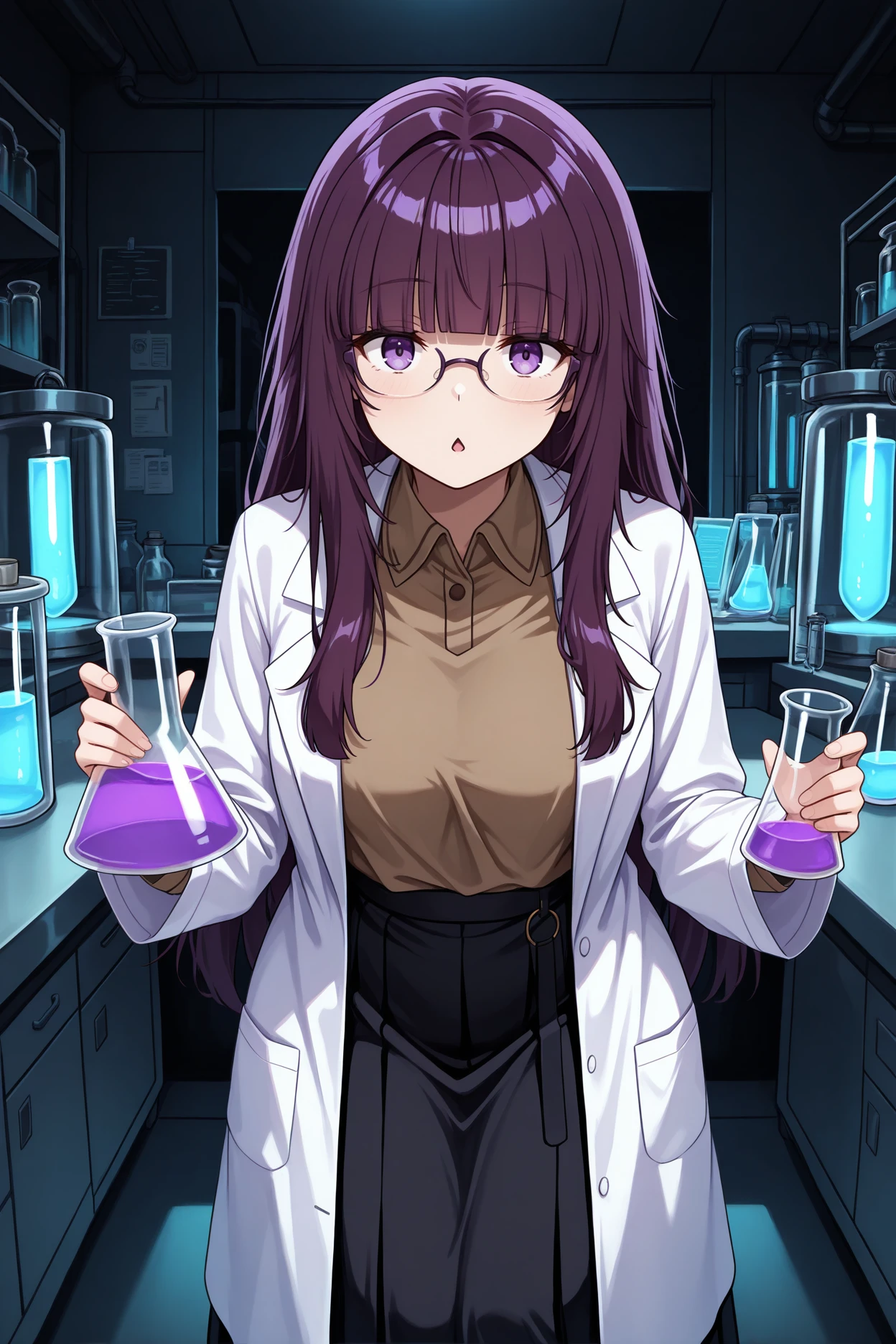 masterpiece, best quality, 1girl, solo, <lora:eta-illu-nvwls-v1-000006:1> sdeta, purple hair, blunt bangs, long hair, purple eyes, white labcoat, brown shirt, collared shirt, black skirt, long skirt, holding beaker, glasses, laboratory, dark room, looking at viewer, chestnut mouth