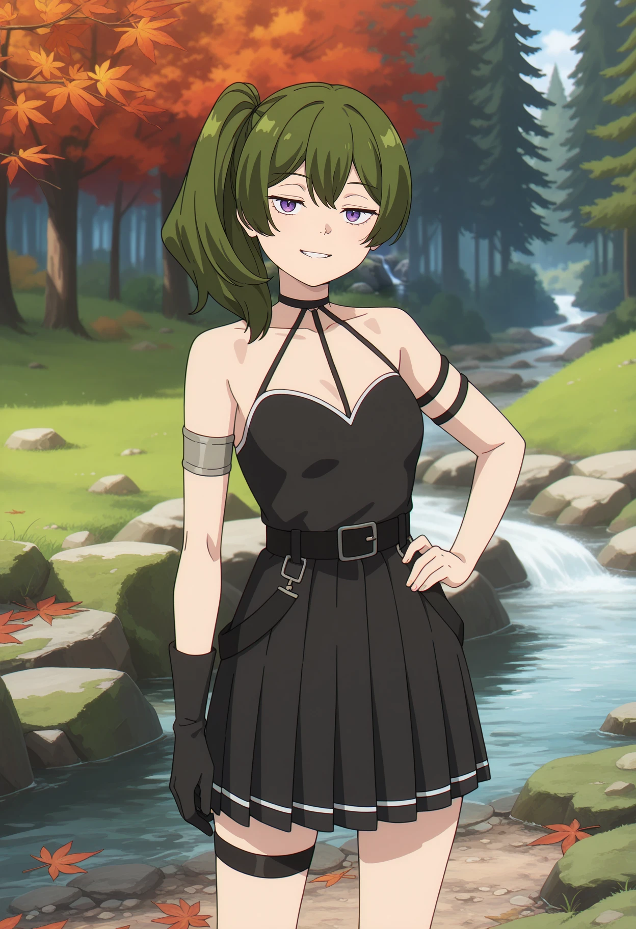 anime screencap, masterpiece, best quality,
<lora:SousouNoFrieren_Ubel_IlluXL:0.9>,
1girl, solo, closed mouth, grin,
green hair, side ponytail, purple eyes,
UbelSSnF, sleeveless dress, pleated dress, short dress, black dress, halterneck, black belt, armlet, arm strap, single glove, black gloves,
thigh strap,
hand on own hip, standing, looking at the viewer,
fantasy, medieval, photo background, forest, tree, moss, stream, stone, leaf, maple tree, grass, nature, blurry background