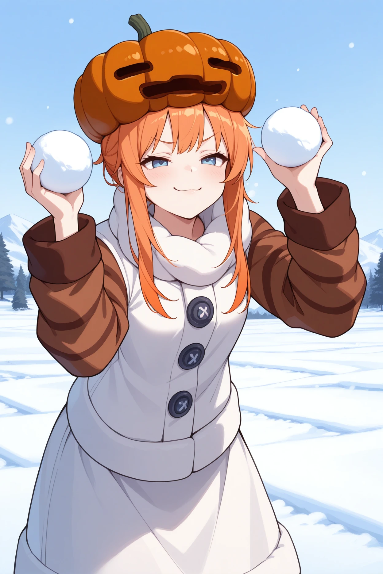 masterpiece, best quality, 1girl, solo <lora:snowgolem-illu-nvwls-v1-000006:1> mtsnoglm, pumpkin hat, orange hair, sidelocks, blue eyes, white coat, white collar, orange sleeves, buttons, white skirt, holding snowball, snow, field, smug, hands up