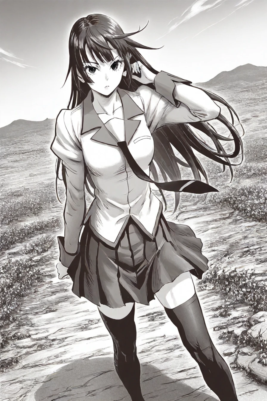 hitagi senjougahara, bangs, long hair, skirt, school uniform, necktie, thighhighs, zettai ryouiki, naoetsu high school uniform, 1girl, solo, alone,<lora:yusuke_murata_scenery_illustriousXL-000021:1>, yusuke_murata_scenery, scenery, monochrome, greyscale, masterpiece, highres