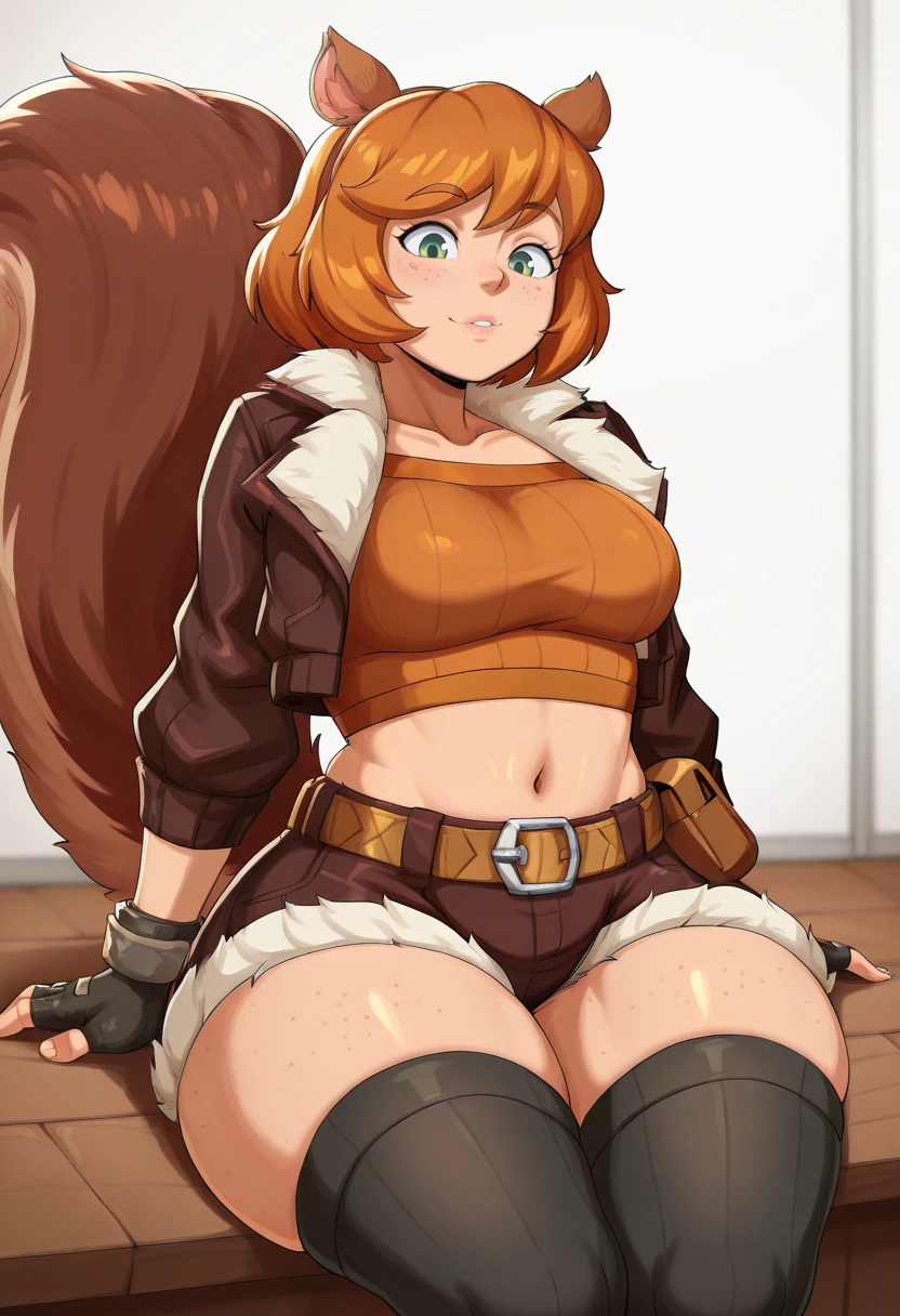 masterpiece,amazing quality,best quality,shadows,<lora:lewdssonkILLUS:0.5>,<lora:astroo:0.4>,<lora:blackwhiplash(bwl)-guy90-Illust-Lycorisv1:1>,squirrelgirlSDXL,1girl,short hair,brown hair,thighhighs,gloves,navel,animal ears,green eyes,jacket,tail,open clothes,shorts,black gloves,midriff,belt,black thighhighs,fingerless gloves,orange hair,open jacket,crop top,fur trim,short shorts,brown gloves,cropped jacket,pouch,brown jacket,belt buckle,fur-trimmed jacket,brown belt,leather,belt pouch,brown shorts,squirrel ears,squirrel tail,squirrel girl,freckles,<lora:squirrelgirlIL:1>,sitting,