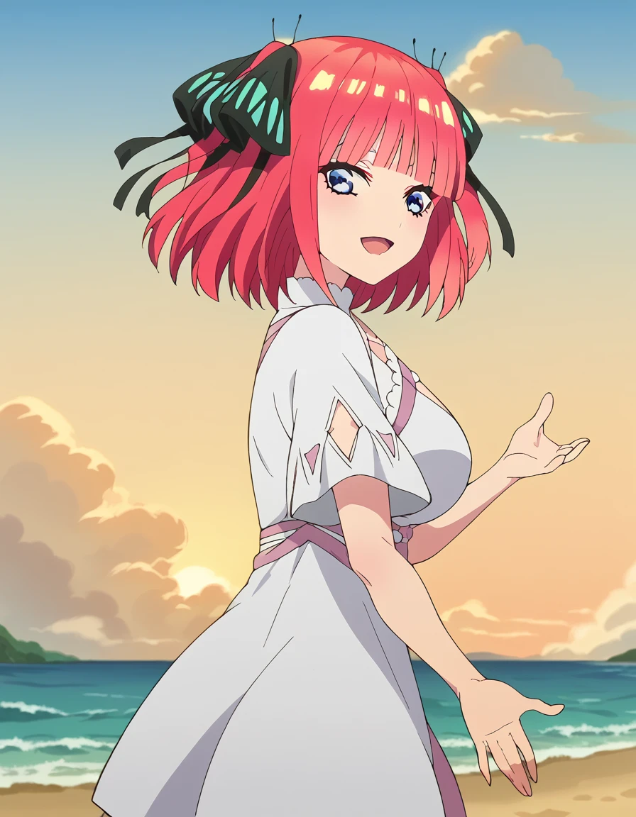 score_9, score_8_up, score_7_up, source_anime, <lora:nnakano-s2-ponyxl-lora-nochekaiser:1>, short hair, bangs, blue eyes, hair ornament, hair ribbon, pink hair, blunt bangs, two side up, butterfly hair ornament, large breasts, anime screencap,, <lora:looking-back-reaching-towards-viewer-ponyxl-lora-nochekaiser:1>, looking back reaching towards viewer, looking at viewer, solo focus, smile, looking back, open mouth, reaching towards viewer,, ocean, beach, outdoors, sky, cowboy shot, sunset, clouds, thighs, solo,