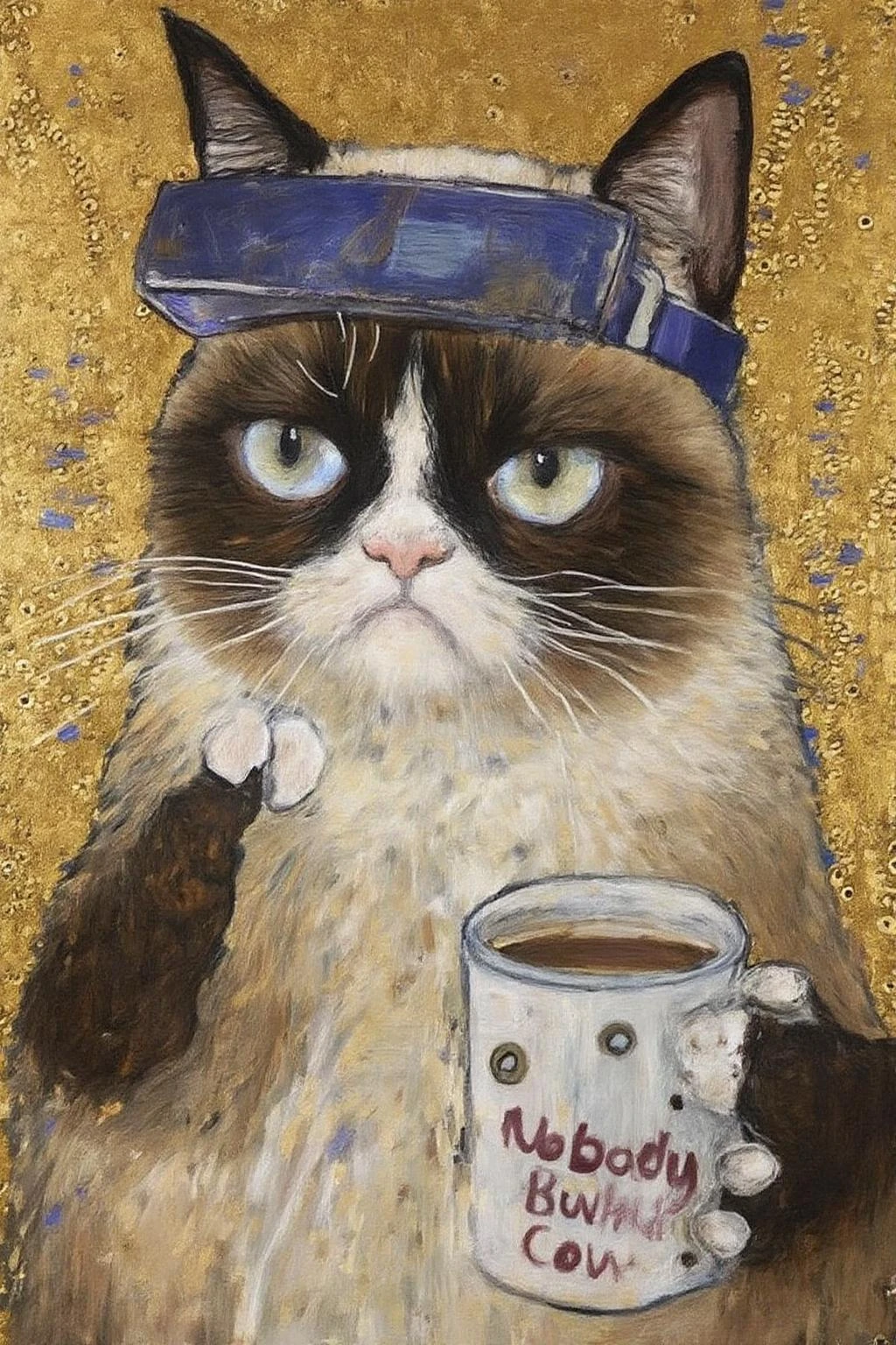 kl1mt painting. Grumpy Cat holding a coffee mug, wearing a VR Headset. The mug has the phrase "NobodyButMeow" printed <lora:kl1mt_cap_d6a3e12:1.0><lora:823312778153610269:0>