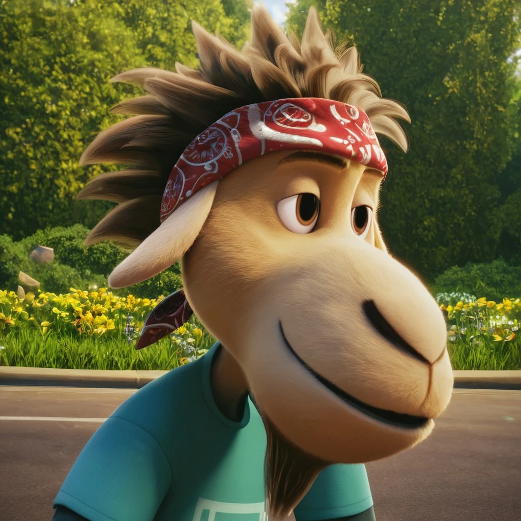 score_9, score_8_up, score_7_up, cartoon_style, ((by BodiPhantom)), 4k, 8k, The best quality, very well drawn, detailed, high quality, detailed, 4k, high resolution, high quality, high resolution, outdoors, furry character, SOLO, clearing, sun, flowers, clouds, river, stream,
rock dog, germur, furry, boy, a male goat, male goat with yellowish-brown fur, brown eyes and tousled light brown hair, he is wearing a turquoise T-shirt with a picture of a cassette tape over a darker long-sleeved shirt, blue jeans and a red bandana on his head,
She stands with her hands on her hips, kind, sweet, sexy, ultra detailed character, detailed face