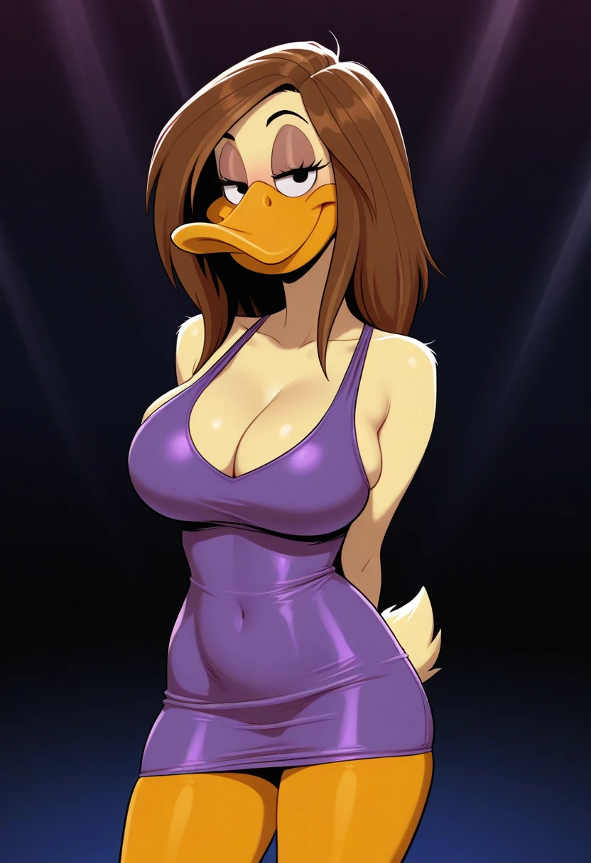 masterpiece, best quality, amazing quality,
nightclub setting,
(tina russo), duck, black eyes, brown hair, yellow feathers, yellow body, orange bill, orange legs, duck tail,
big chest,
arms behind back, smiling, wearing tight low cut dress,
seductive smile, blushing, 1girl, solo, half closed eyes,
<lora:Furry_Anthro_Tina_Russo_Lora:0.8>