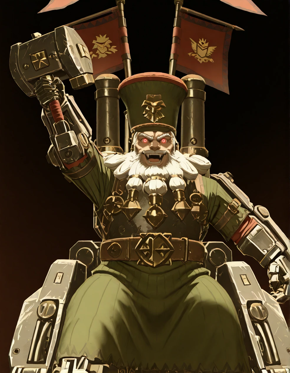 (2D,masterpiece,best quality,amazing quality,very aesthetic,high resolution,looking at viewer,ultra-detailed,solo,source_anime,cute,curvy,lovely,Simple black background), Astragoth Ironhand,flag,(holding Hammer:1.2),Iron hand,clothes,ride mecha,white hair,Shortstack,glowing red eyes, open smile,fangs,beard,raised arm,<lora:Astragoth_Ironhand:1>