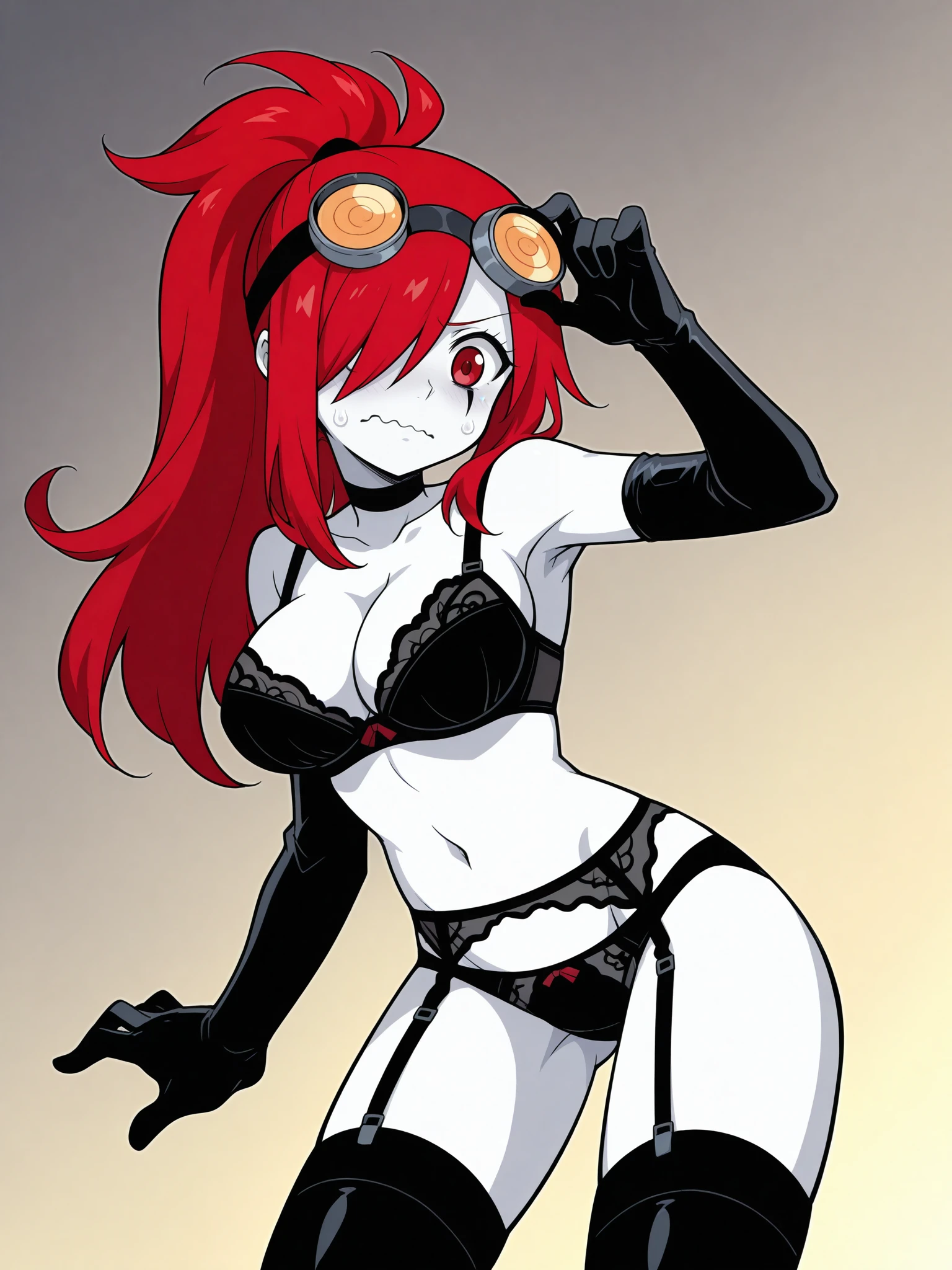 { 4k wallpaper : illustration : beautiful detailed eyes : extremely detailed face : perfect lighting : extremely detailed CG } { nsfw : hentai } {half-monochrome} { dark horror theme } { in a dark dirty nerd room } { possessed Samantha "Sam" Simpson : long orange hair : Teenager : cute face : Glowing pink eyes : perfectly shape breast : perfectly smooth fit body : naked : nude : perverted grin : looking at viewer : sweating : horny } {: sexy pose: }