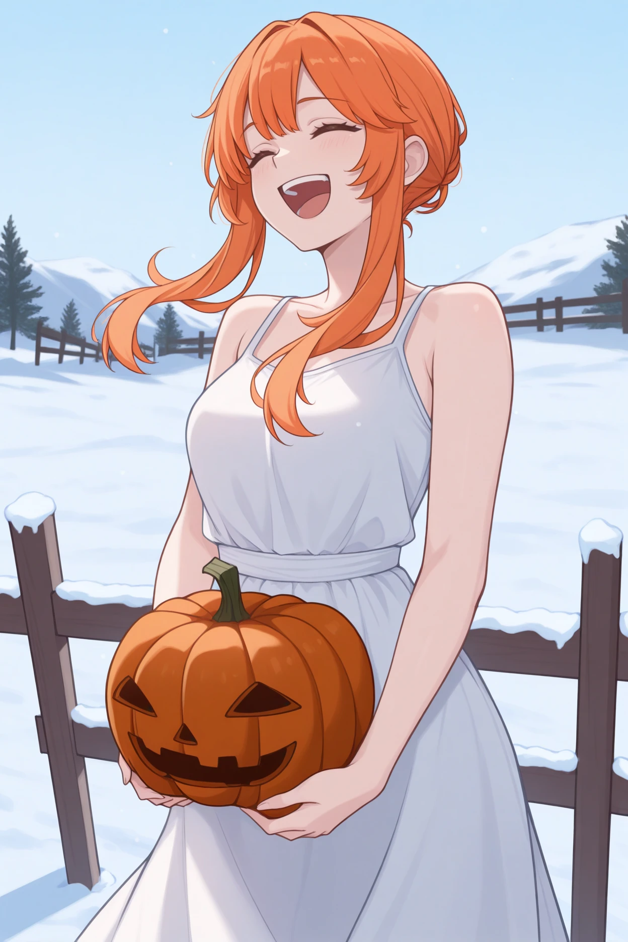 masterpiece, best quality, 1girl, solo, <lora:snowgolem-illu-nvwls-v1-000006:1> mtsnoglm, orange hair, sidelocks, white sundress, holding pumpkin, snow, fence, field, blue sky, happy, closed eyes, laughing