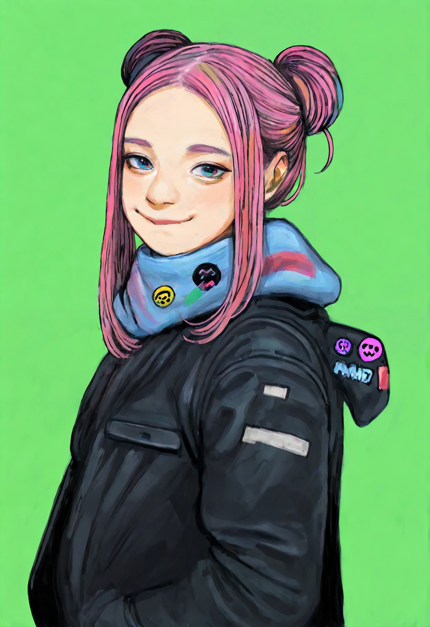 sticker, solo, 1girl, looking at viewer, green background, pink hair, simple background, hood, upper body, long hair, blue eyes, smile, biting own lip, double bun, black jacket, scarf, facing to the side,
masterpiece, best quality, amazing quality, absurdres, newest, colored pencil \(medium\),
<lora:warashiz:1>,
<lora:lora:0.5>