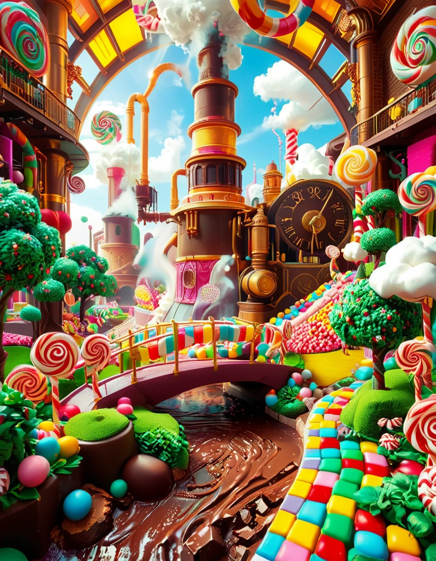 A whimsical and magical photo of Willy Wonkaâs Chocolate Factory. The scene captures the exterior of the factory, featuring a towering, fantastical building with colorful, crooked chimneys puffing out clouds of candy-scented steam. The walls are made of vibrant bricks in shades of purple, gold, and red, with intricate candy-inspired patterns carved into the structure. A large, ornate gate made of swirling lollipop shapes stands at the front, with the name "Willy Wonka" emblazoned in gold letters. Surrounding the factory is a lush, surreal landscape filled with oversized candy canes, gumdrop bushes, chocolate rivers, and trees made of cotton candy. The sky is bright and cheerful, with fluffy clouds that resemble whipped cream. The entire setting feels magical, playful, and inviting, full of bright, saturated colors and incredible, dreamlike details that spark the imagination.
<lora:SDXLFaeTastic2400:0.4> <lora:extremely_detailed:0.4> extremely detailed, <lora:Willy_W0nk4_chocolate_f4ct0ry:1>,Willy W0nk4 chocolate f4ct0ry, Masterpiece,best quality,hi res,8k,hi res,8k,award winning,(sharp focus, intricate, highly detailed),