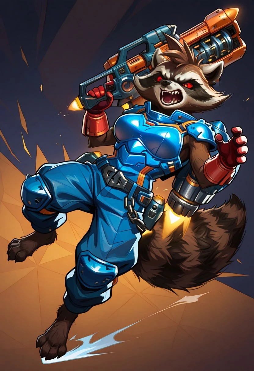 highres, hi res, best quality, masterpiece, intricate details, absurdres, 4k, solo, 1girl, rocket_raccoon, furry, anthro, raccoon, brown body, brown fur, red sclera, red eyes, black nose, fluffy tail, sharp teeth, fangs, clothed, blue armor, blue pants, red gloves, gloves, jetpack, female, large breasts, short, colorful background, flying, suspended in air, floating, legs apart, holding gun, gun, fierce, angry, open mouth, three quarter view, dutch angle, looking away, action view, action pose, side view,