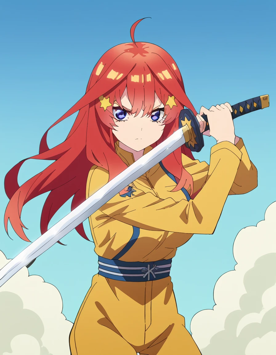 score_9, score_8_up, score_7_up, source_anime, <lora:itsuki-nakano-s2-ponyxl-lora-nochekaiser:1>, itsuki nakano, bangs, long hair, blue eyes, hair between eyes, ahoge, red hair, star (symbol), hair ornament, star hair ornament, large breasts, anime screencap, <lora:sword-guard-stance-ponyxl-lora-nochekaiser:1>, sword guard stance, sword, weapon, solo, katana, holding, holding weapon, holding sword, looking at viewer,, jumpsuit, yellow jumpsuit, high collar, cowboy shot, pants,,