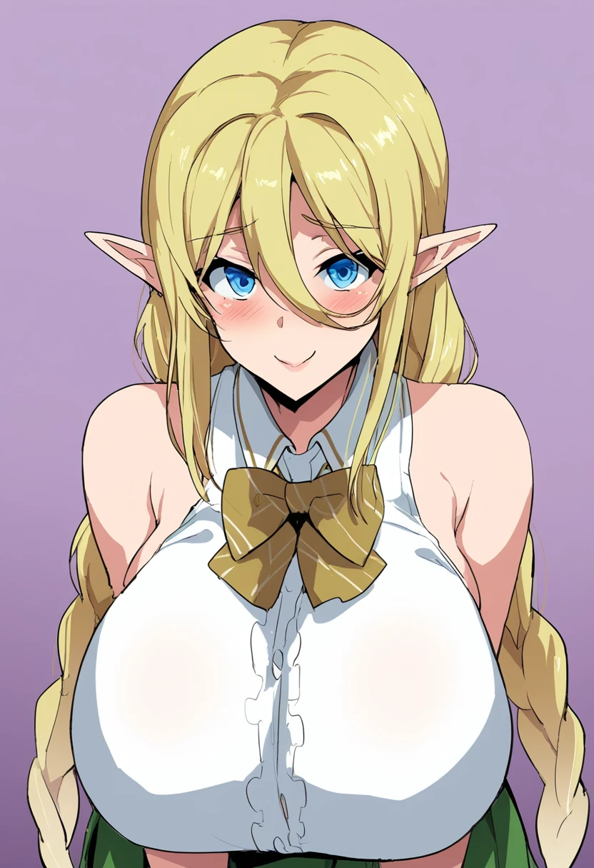 1girl, solo, long hair, breasts, looking at viewer, blush, smile, blue eyes, huge breasts, blonde hair, hair between eyes, closed mouth, school_uniform, bare shoulders, very long hair, standing, pointy ears, twin braids, elf, upper_body, simple_background, cowboy_shot,