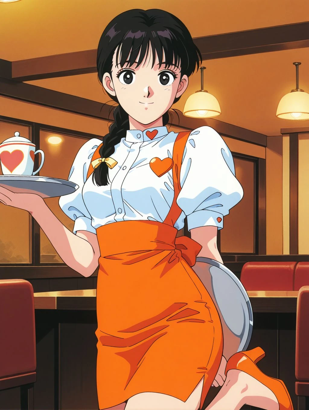 masterpiece, best quality, newest, absurdres, highres, detailed eyes, beautiful, detailed background, perfect eyes, anime coloring, 1990s \(style\), 1girl, solo, mihashi haruko, black hair, long hair, braid, bangs, hair ribbon, black eyes, small breasts, waitress, white shirt, short puffy sleeves, orange pencil skirt, high heels, heart, looking at viewer, smile, (indoors, family restaurant, holding tray), <lora:haruko_roujinz_illus-06:0.8>