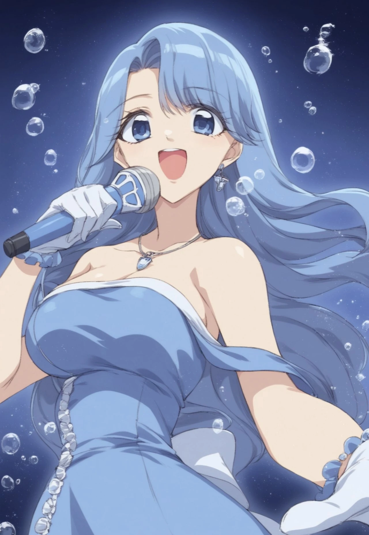 safe_pos, score_9,score_8_up,score_7_up, source_anime, 1girl, solo, noel, blue hair, long hair, blue eyes, tight dress, white gloves, off shoulder, bare shoulder, shell necklace, wrist jewelry, holding microphone, singing, large breasts, standing, sexy body, well-balanced body, looking at viewer, from front, front view, close up portrait, deep sea, underwater, under water, bubbles