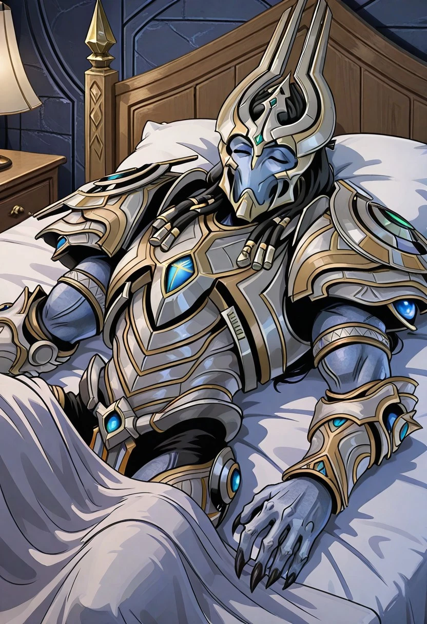 solo, artanis, protoss, hierarch armor, half shot,  bedroom, laying in bed, bedsheets, indoors, sleeping, eyes closed