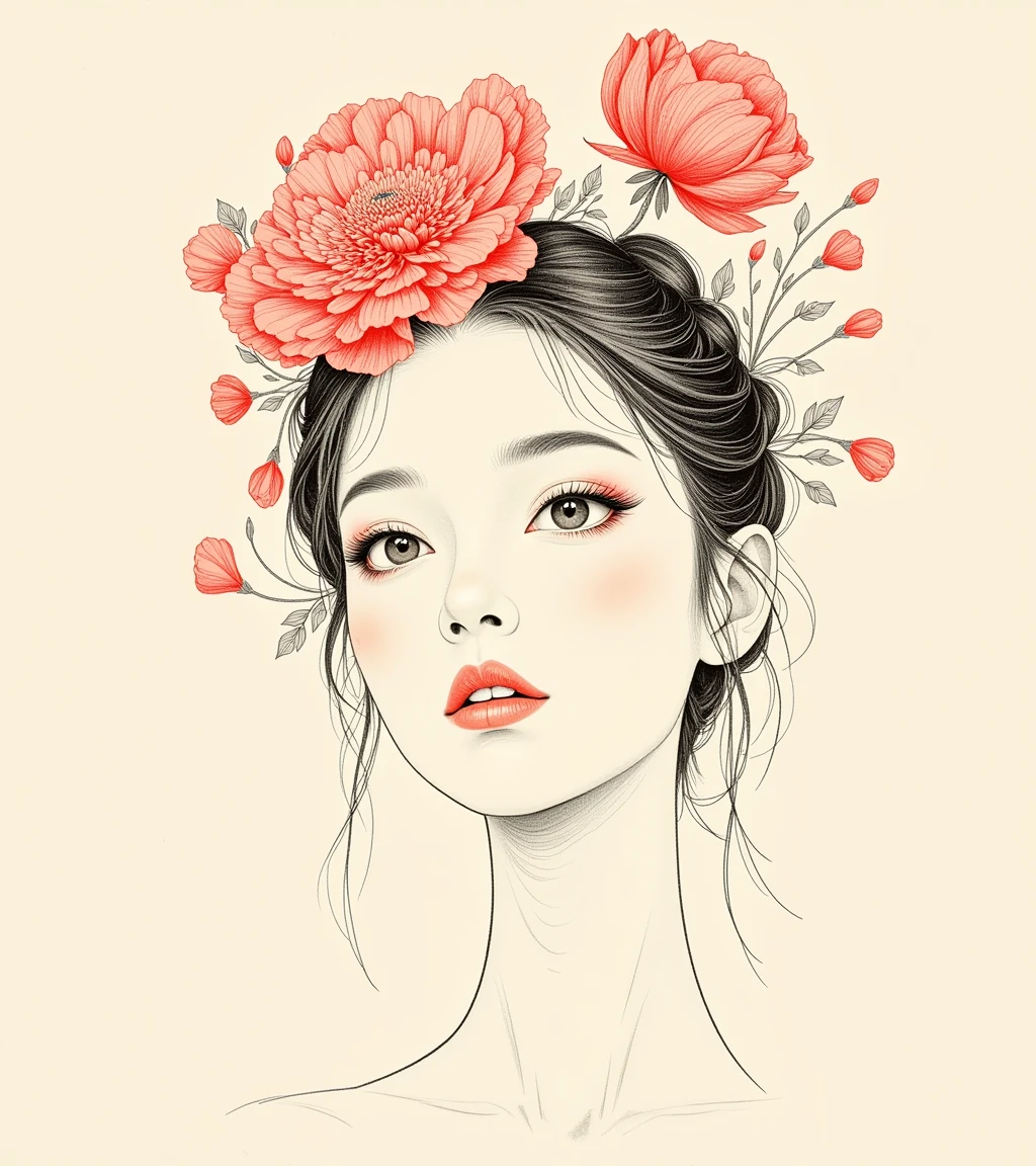 baomiao_solo, ink line drawing,
a woman with a red flower on her head,