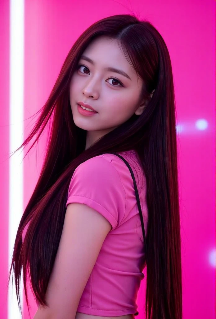 <lora:fluxx-yuna:1> yun,,, , masterpiece, best quality, a woman with long hair and a pink top is posing for a photo in a neon light with her hair blowing in the wind, Elina Karimova, soft lights, a hologram, private press