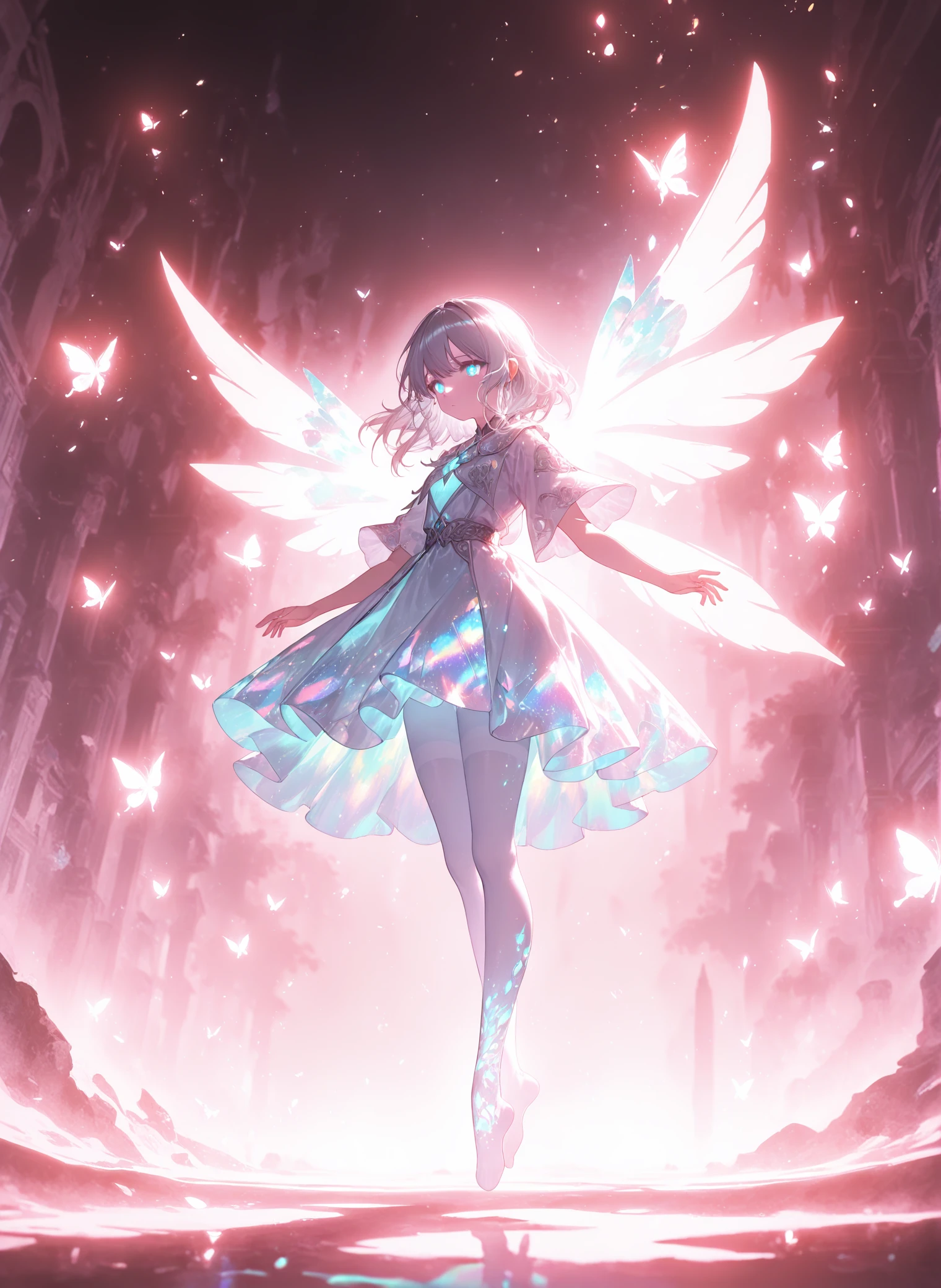 best quality,masterpiece,absurdres,newest,
<lora:sshfstyle_XL_PB:0.75>,
(soft lighting:1.1),(weaklight:1.3), (moody lighting, volumetric lighting),
1girl, barefoot soles, white sheer pantyhose, glowing moonlight butterflies, ethereal night sky, celestial glow, delicate wings, iridescent scales, mystical forest, flowing translucent dress, silver hair, luminous eyes, soft focus, dreamy atmosphere, magical realism, fairy-tale aesthetic, glowing particles, moonlit path, gentle breeze, intricate details, dynamic posing (floating/tiptoe), surreal landscape, soft gradients, pastel blues and purples, fantasy lighting, symbolic purity, cosmic connection, harmony with nature, high contrast between light and shadow.