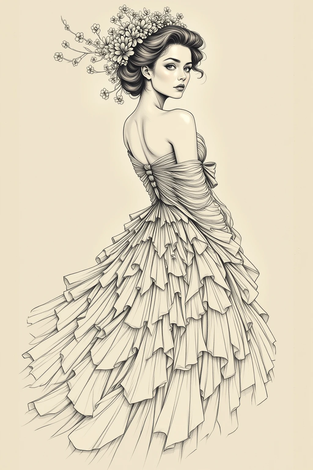 baomiao_solo, ink line drawing,
a woman in a dress crafted from delicate paper folds, with intricate origami accessories, for a uniquely artistic and delicate look,
an art exhibition at dusk,
blue eyes,