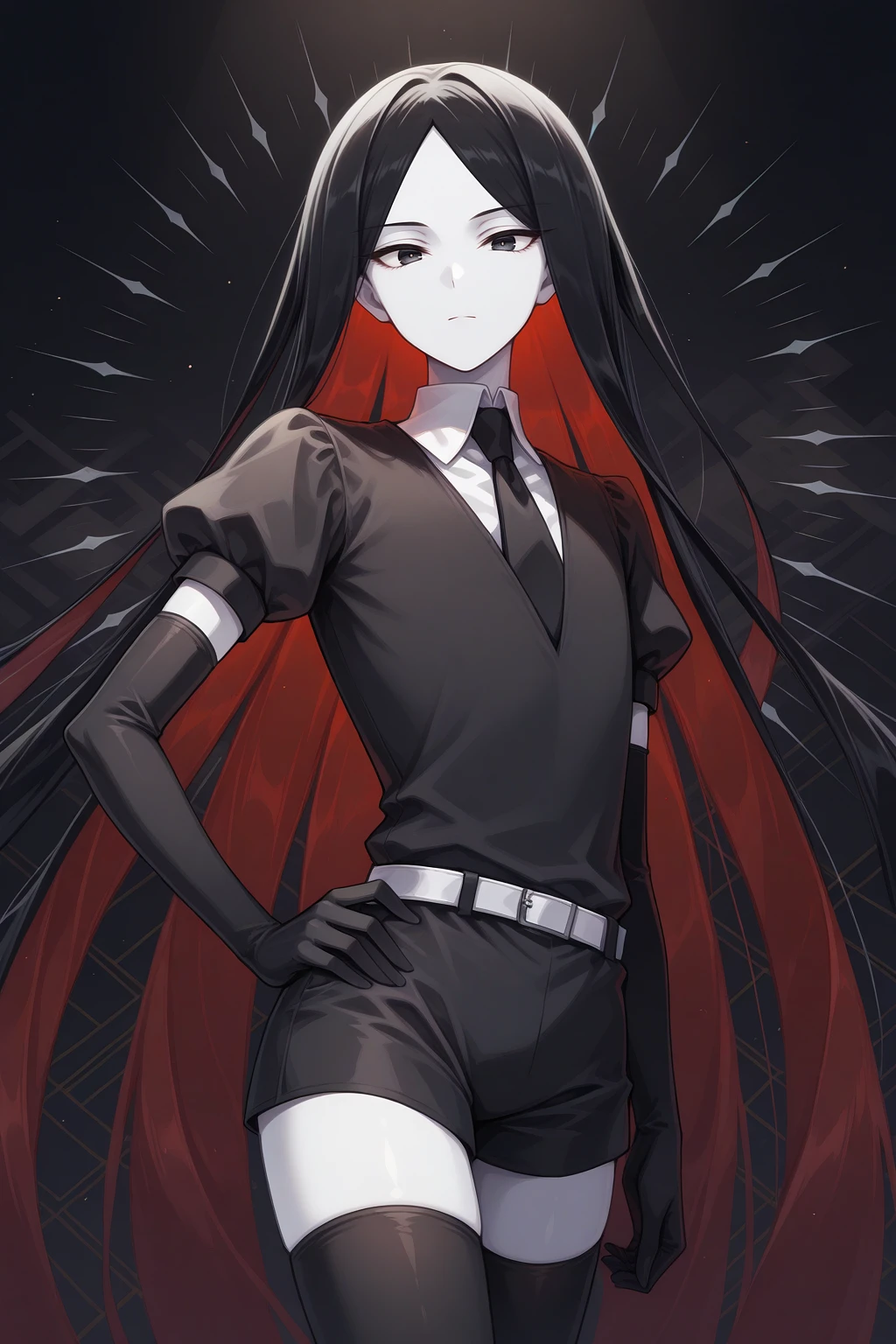 masterpiece, best quality, from side, looking to the side, cowboy shot, looking at viewer, expressionless, 1other, hnkbrt, colored skin, white skin, black eyes, crystal hair, black hair, colored inner hair, parted bangs, absurdly long hair, black shirt, puffy short sleeves, wing collar, black necktie, white belt, black shorts, elbow gloves, black gloves, black thighhighs, black footwear, hand on own hip, (abstract background:1.6), <lora:Hoseki_LandOfTheLustrous_Bort_IllustriousXL_v1:1>