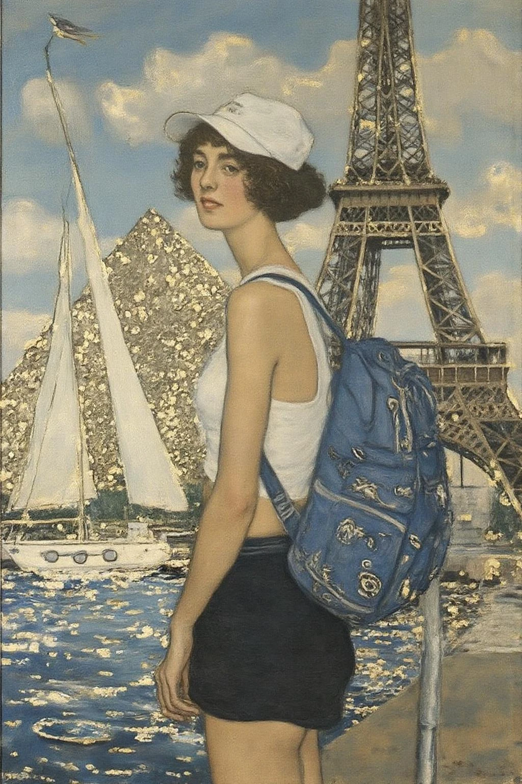 kl1mt painting. a woman in a white tank top and black shorts. She is wearing a white baseball cap. She has a blue backpack on her back. Behind her is the Eiffel tower. To the left of the woman is a white sailboat. Behind the sailboat is a pyramid <lora:kl1mt_cap_d6a3e12:1.0><lora:823307186106084456:0>