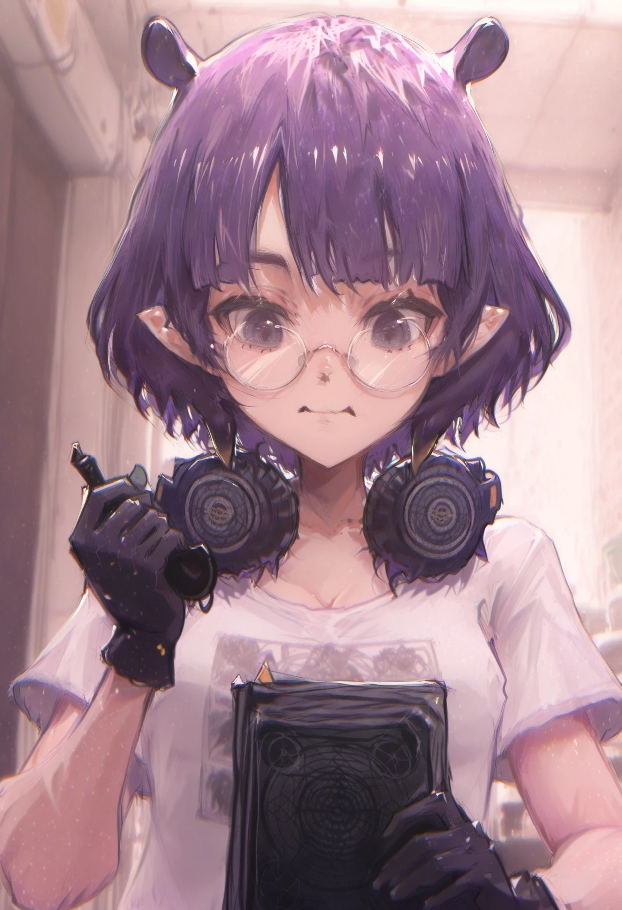 ((top-quality)), ((masterpiece)), ((ultra-detailliert)), (extremely delicate and beautiful), Digital art, (extremely detailed fine touch:1.3), (2D:1.3), dark lighting, horror movie scene, 1girl, solo, short hair, torn clothed, (((under-rimmed glasses:1.3))), (headphones:1.3), medium breasts, bare arms, The background is a typical Japanese high sclool with horror movie setting, holding guns, dirty skin, sweaty