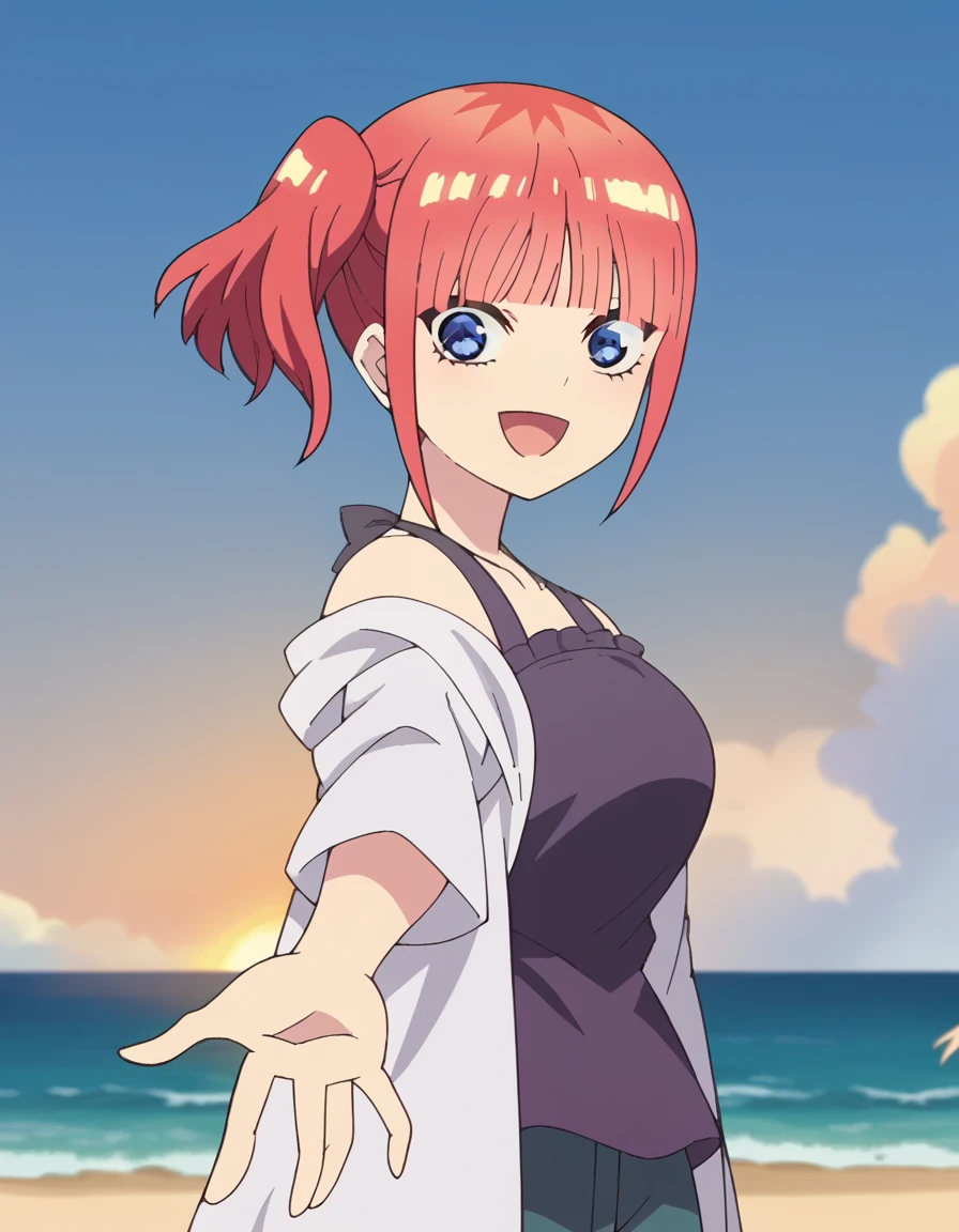 score_9, score_8_up, score_7_up, source_anime, <lora:nino-nakano-honeymoon-ponyxl-lora-nochekaiser:1>, nino nakano, short hair, bangs, blue eyes, large breasts, pink hair, blunt bangs, side ponytail, one side up, anime screencap, <lora:looking-back-reaching-towards-viewer-ponyxl-lora-nochekaiser:1>, looking back reaching towards viewer, looking at viewer, solo focus, smile, looking back, open mouth, reaching towards viewer,, ocean, beach, outdoors, sky, cowboy shot, sunset, clouds, thighs, solo,