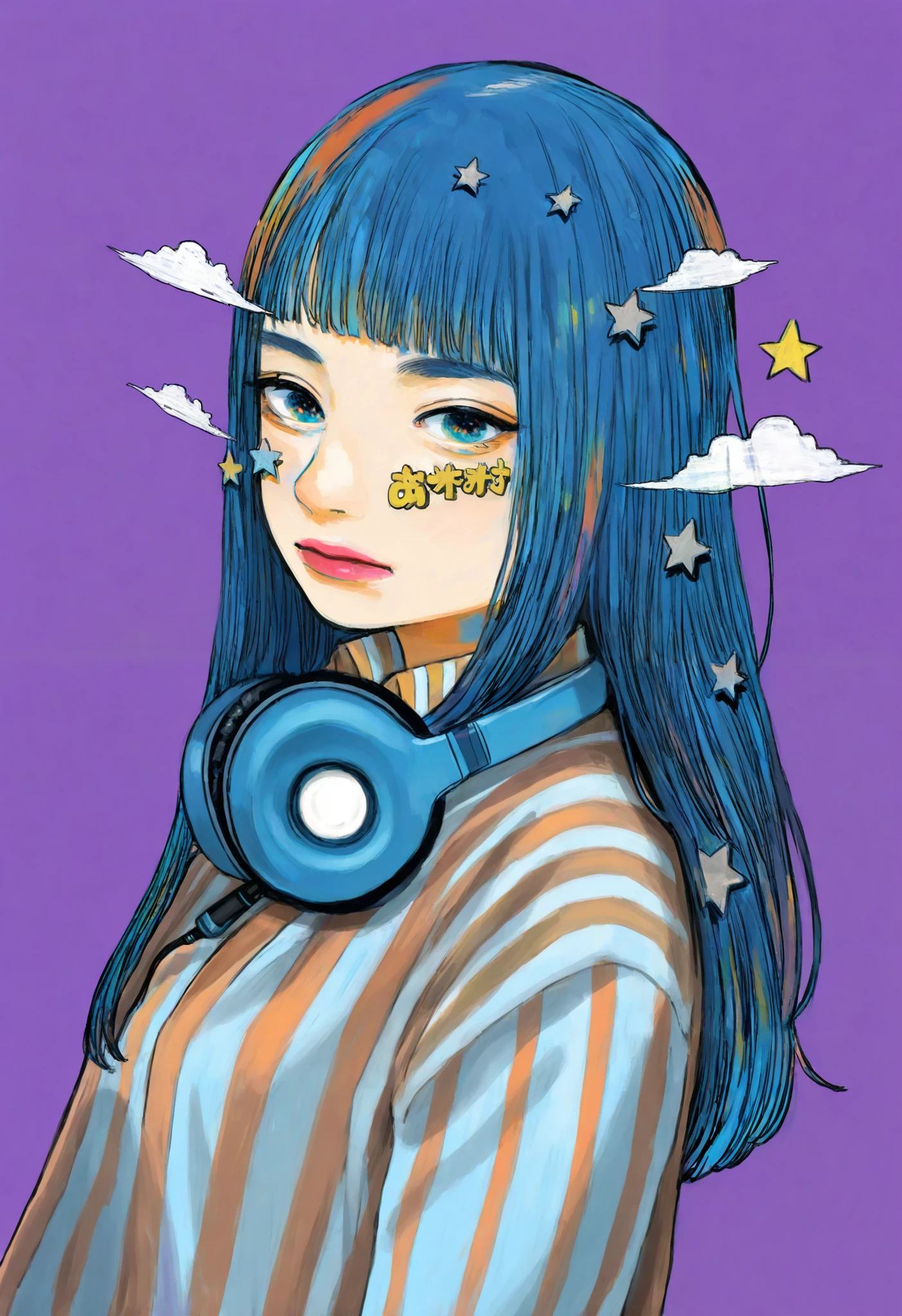 star \(symbol\), 1girl, lipstick, solo, purple background, long hair, bangs, headphones, shirt, striped, striped shirt, star, (symbol), upper body, blunt bangs, simple background, blue hair, looking at viewer, headphones around neck, cloud, vertical stripes, blue eyes,
masterpiece, best quality, amazing quality, absurdres, newest, colored pencil \(medium\),
<lora:warashiz:1>,
<lora:lora:0.5>