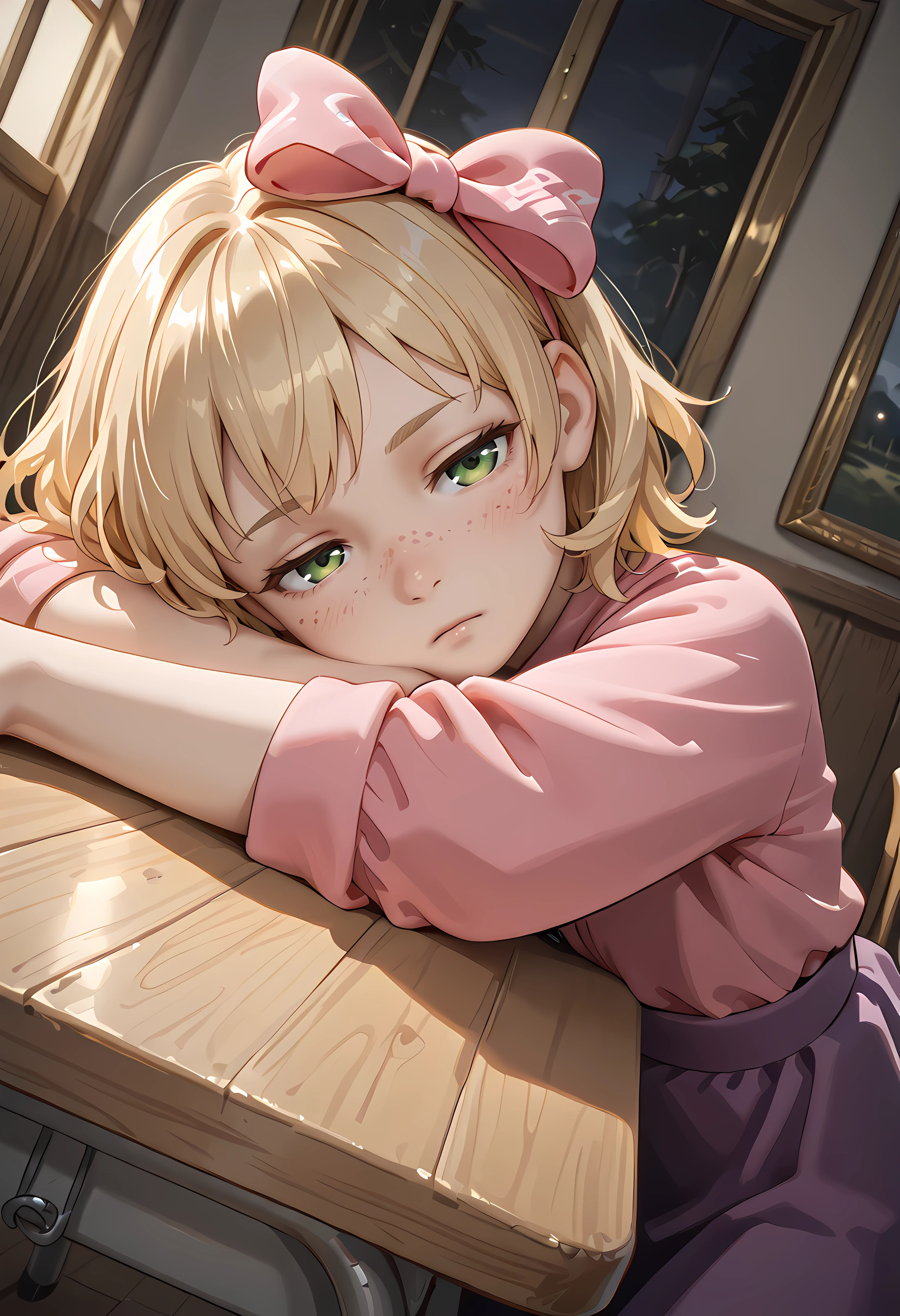 ,masterpiece,best quality,amazing quality,,<lora:Elizabeth Afton_Illustrious:0.9>1 girl ,pink shirt,purple skirt,, 1girl, blonde hair, bow, hair bow,cinematic lighting, dark, high resolution, 2k resolution:1.0, detailed background, 1girl, ,, (size differense:1.2), 1girl, solo, ribbon, blonde hair, freckles, , short hair, looking at viewer,,, ,cinematic lighting, dark, high resolution, 2k resolution:1.0, detailed background, 1girl, , casual clothes, (size differense:1.2), suprised,fully open eyes,,, tall male, ,, park,
solo, dutch angle, looking at viewer, cowboy shot,,green eyes, <lora:head_rest_arm_rest_pony_1:1> head rest arm rest, 1girl, sleeping, table,half closed eyes,tired,big ribbon on head