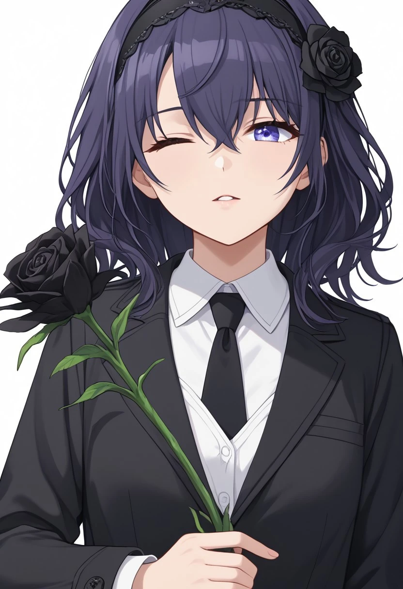 (masterpiece), best quality, expressive eyes, perfect face, one eye closed, flower, black flower, holding, white background, parted lips, holding flower, shirt, long sleeves, hair ornament, looking at viewer, hair between eyes, simple background, skirt, upper body, necktie, hairband, black rose, mafuyu, blue eyes, purple eyes