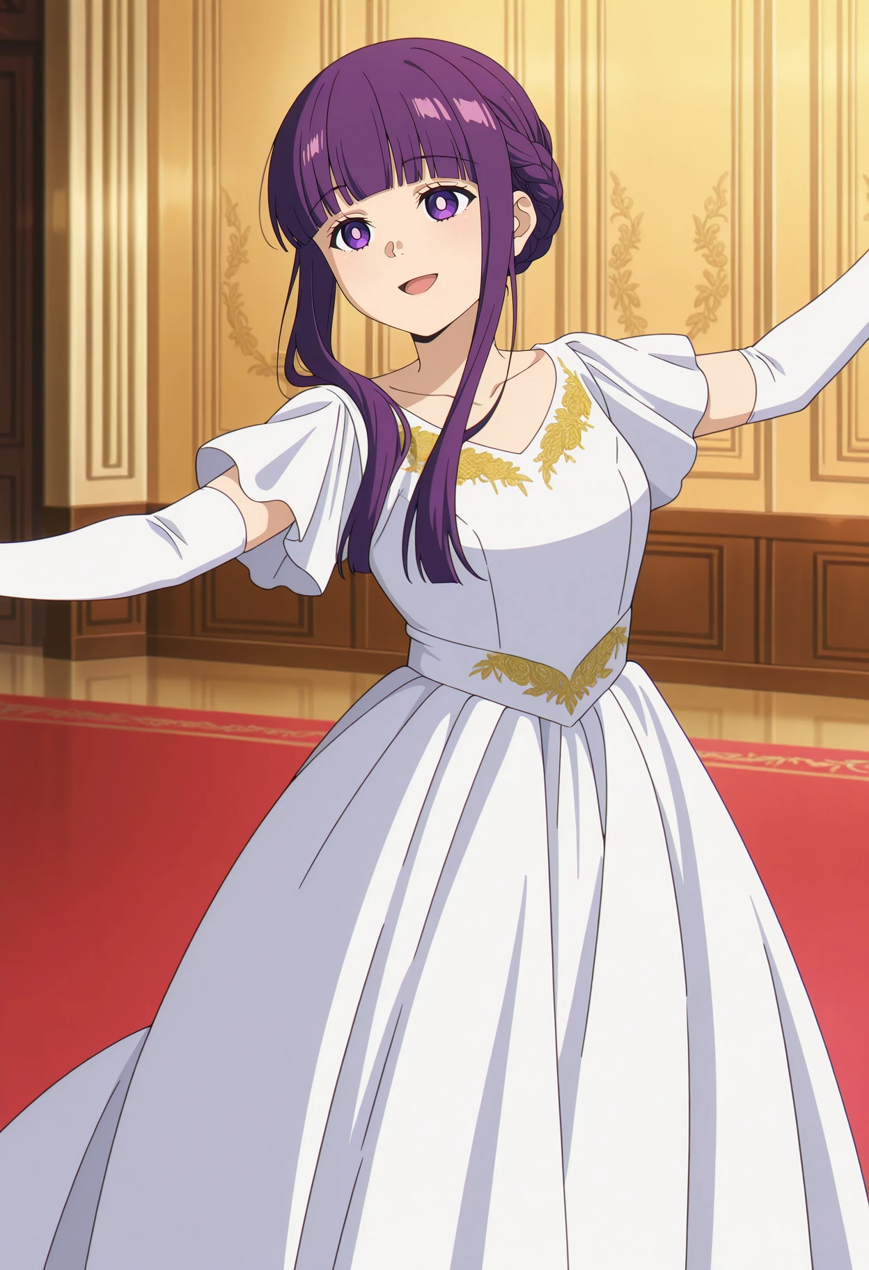 anime screencap, masterpiece, best quality,
<lora:SousouNoFrieren_Fern_IlluXL:0.9>,
1girl, solo, open mouth, smile,
alternate hairstyle, braided bun, purple hair, sidelocks, purple eyes, bright pupils, blunt bangs,
FernDance, white dress, embroidery, short sleeves, collarbone, elbow gloves, white gloves,
dancing,
indoors, dance hall, ballroom