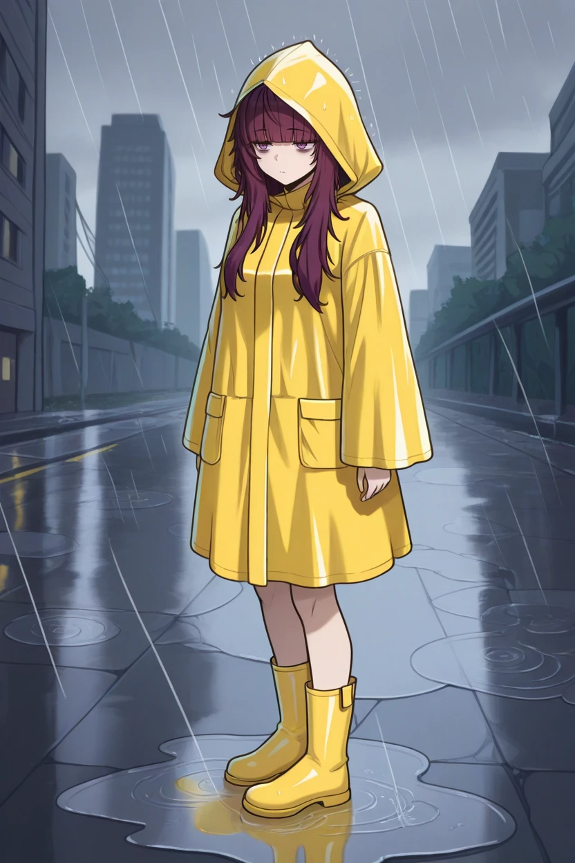 masterpiece, best quality, 1girl, solo,  <lora:eta-illu-nvwls-v1-000006:1> sdeta, purple hair, blunt bangs, long hair, purple eyes, pointy ears, yellow raincoat, messy hair, hood up, rain, grey sky, yellow rain boots, puddle, city, bags under eyes