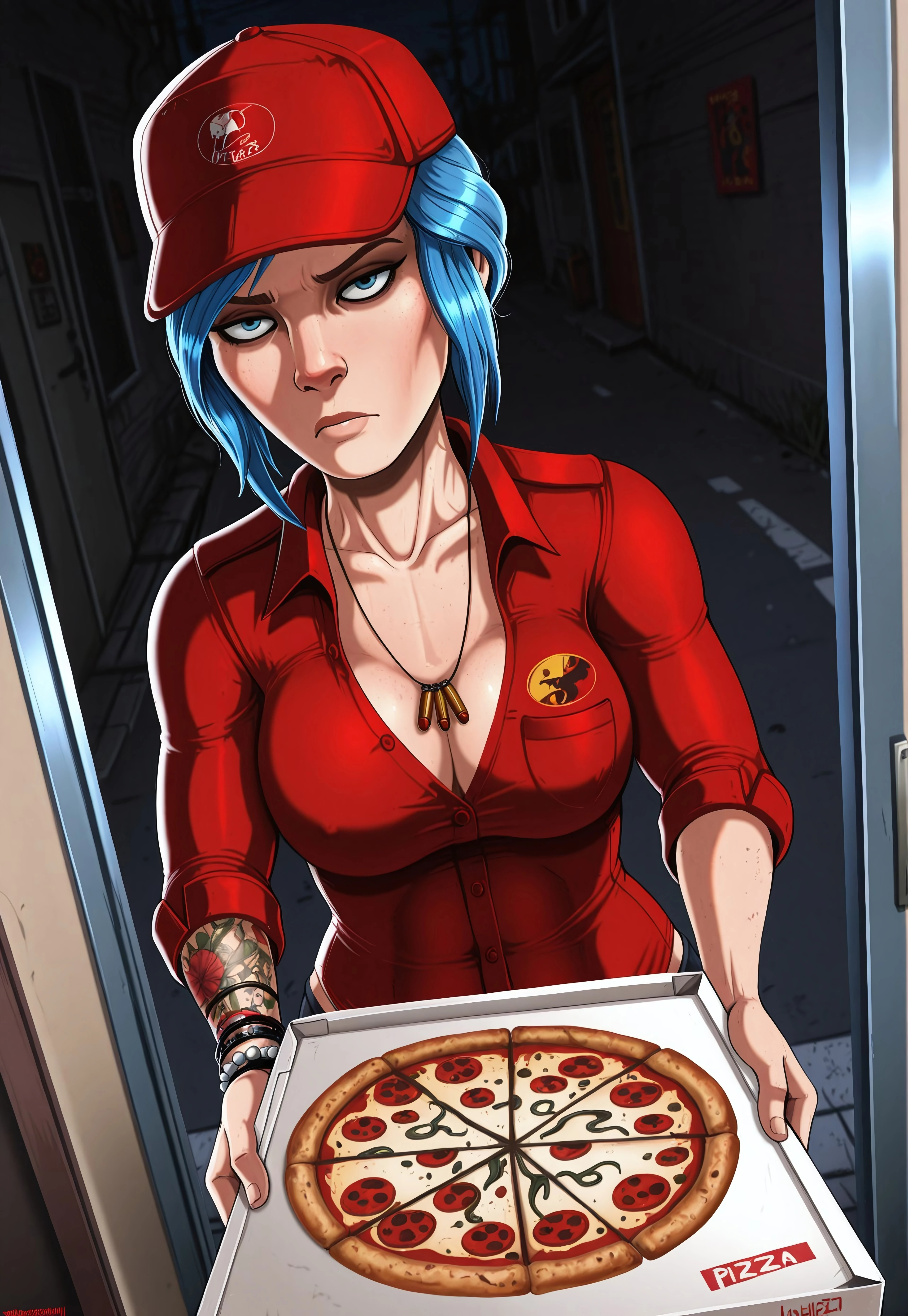 Shadman_Style, masterpiece, best quality, BREAK, dynamic angle, pov, 1girl, chloepriceill, tattoo, bracelet, blue eyes, blue hair, pizza hat, pizza delivery uniform, long sleeved collared shirt, bullet necklace, holding pizza box, looking at viewer, bored, doorway, front yard, street, neighborhood, detailed scenery