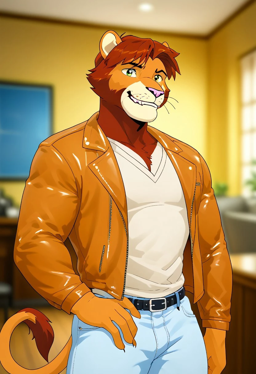 score_9, score_8_up, score_7_up, score_6_up, score_5_up, score_4_up, source_anime, source_furry, zPDXL3, furry_diffusion, <lora:TomSA_PXL-05:0.9>, tom, lion boy, lion tail, short hair, green eyes, brown fur, brown hair, solo, smirk, teeth, 1boy, looking at viewer, intricate details, masterpiece, unparalleled masterpiece, dutch angle, depth of field, cinematic lighting, great lighting, detailed background, indoors, inside, muscular male, bara, pectorals, large pectorals, white shirt, leather jacket, open jacket, open clothes, jeans, belt, tight pants, feet out of frame, close-up, posing, pose, upper body