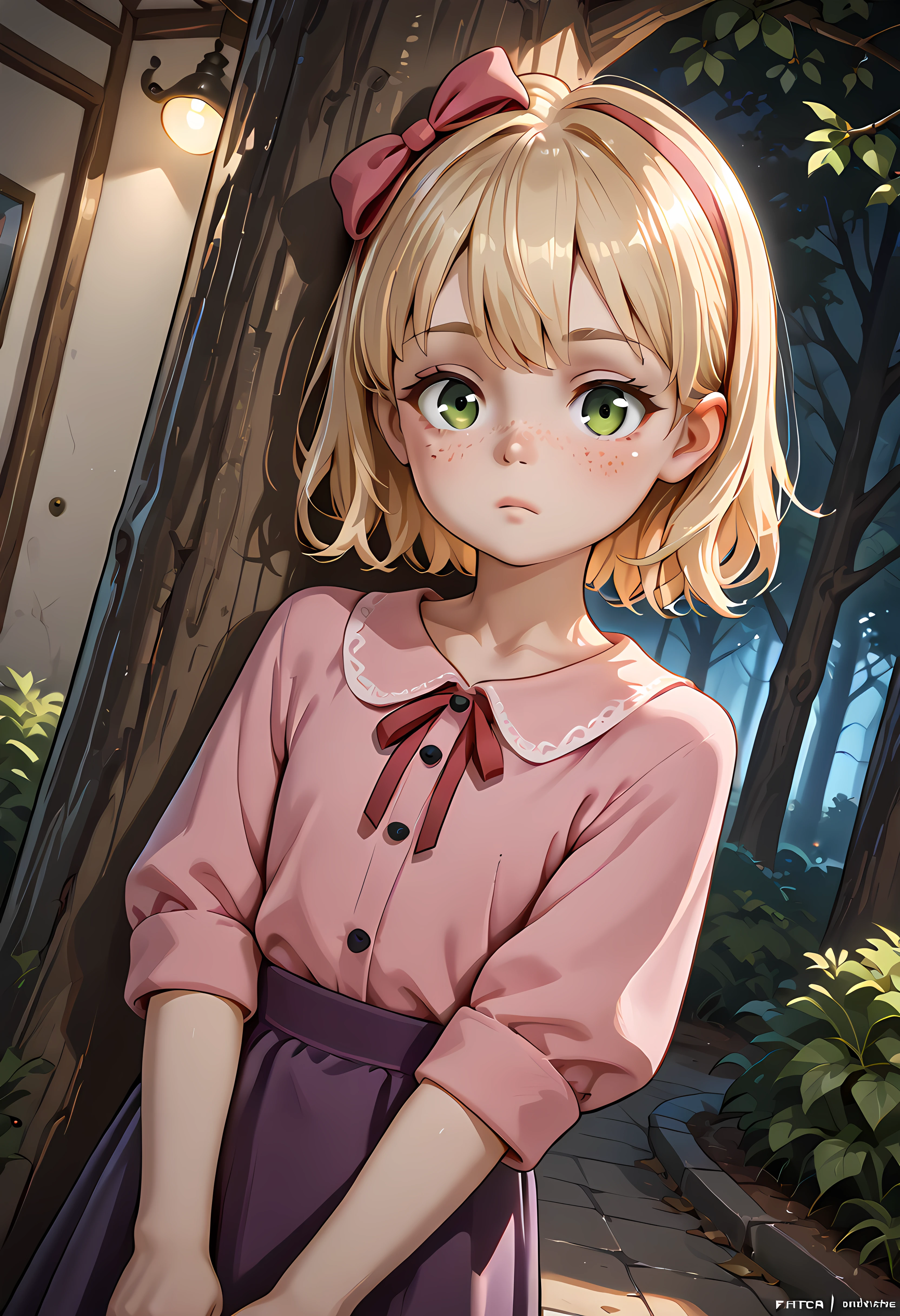 ,masterpiece,best quality,amazing quality,,<lora:Elizabeth Afton_Illustrious:0.9>1 girl ,pink shirt,purple skirt,, 1girl, blonde hair, bow, hair bow,cinematic lighting, dark, high resolution, 2k resolution:1.0, detailed background, 1girl,  very  girl, ,, (size differense:1.2),   1girl, solo, ribbon, blonde hair, freckles, , short hair, looking at viewer,,, ,cinematic lighting, dark, high resolution, 2k resolution:1.0, detailed background, 1girl,  very small, , casual clothes, (size differense:1.2), suprised,fully open eyes,,,  tall male, ,, park, 
solo, dutch angle, looking at viewer, cowboy shot,,green eyes,<lora:PeekingOut_pdxl_Incrs_v1:1>  hiding behind tree ,peeking out,upper body