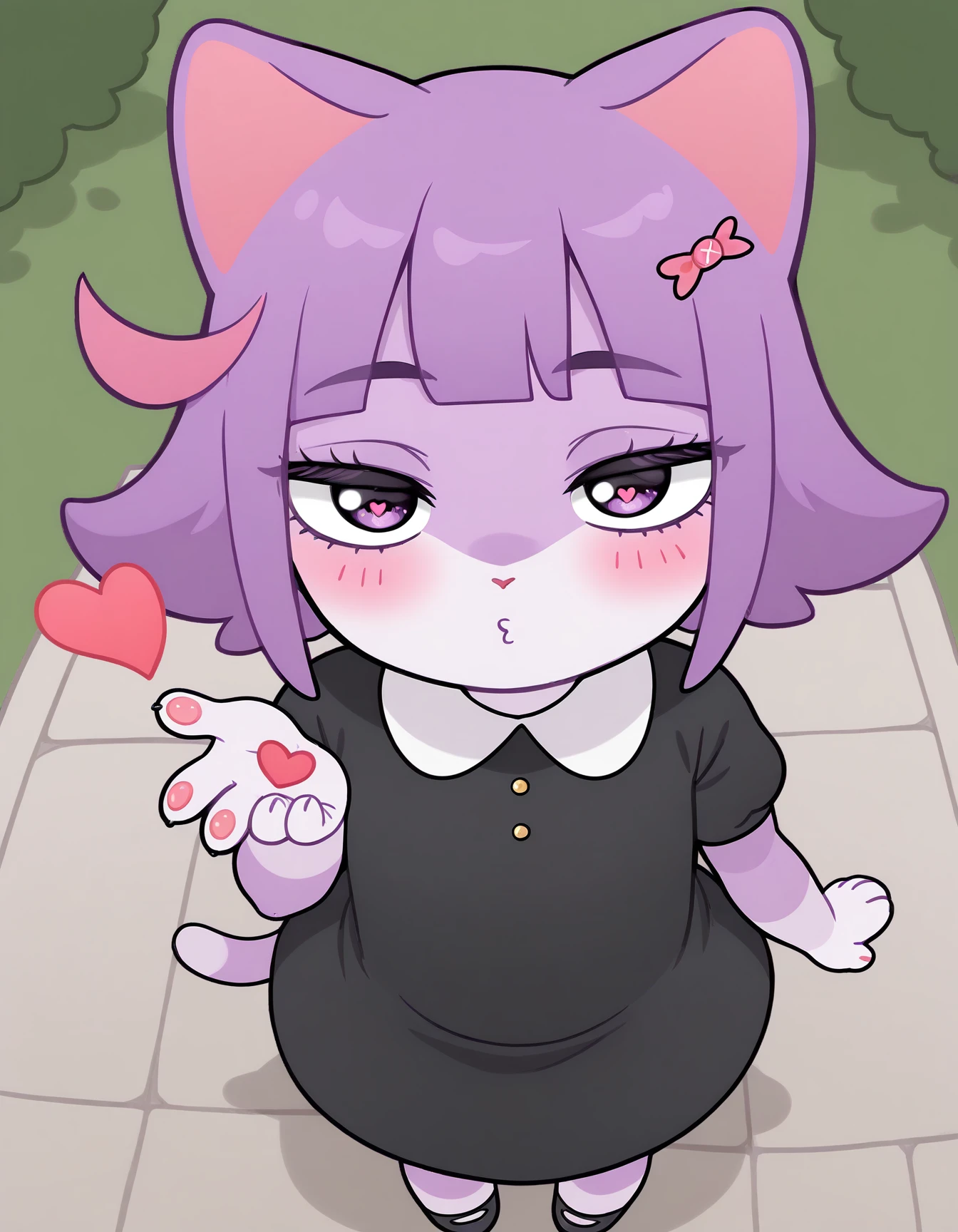 masterpiece, best quality, amazing quality, very aesthetic, high resolution, solo, furry, chibi
Masunya-vkstickrs, purple fur, short purple hair, cat ears, pink inner highlights, black dress, white collar, purple eyes, blowing kiss, heart, puckered lips, o3o, outdoors, seductive smile, blush, foreshortening, from above,<lora:FrierenBlowingKissMeme_illusXLNoobAI_Incrs_v1:0.8>
<lora:Masunya-vkstickrs_il:0.9>