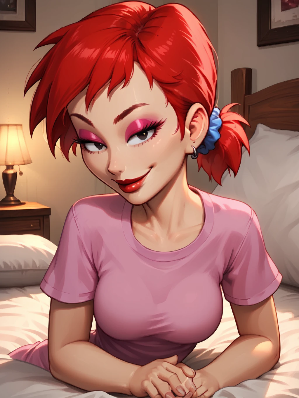 score_7, score_8, score_9, detailed background,ultra high detailed,(toon (style):1.2),high detailed character,inside,bedroom,on bed,portrait,hand on hips,,,red bed,silk bed,wrinkled bed,pillows,lights,,ultra high detailed,masterpiece, BREAK Solo, 1girl,female,seductive eyes,long eyelashes,half closed eyes, ,pink glitter eyeshadow,makeup,breast press,,short sleeves,earstuds,square nails,perfect nails,close-up, <lora:rita:0.9> rita, red hair, narrow waist, 1girl, toon (style), flat color, medium breasts,Sweetheart neckline, black eyes, long eyelashes, rita hair, short ponytail, pink shirt,white neckline, blue scrunchie, smirk,bedroom eyes, perfect lips,red lips,<lora:Expressive_H:0.65> <lora:incase-ilff-v3-4:0.5> <lora:princess_xl_v1:1>, <lora:g4n1m3XLP:1> g4n1m3, perfect face, high detailed face,slight cleavage,