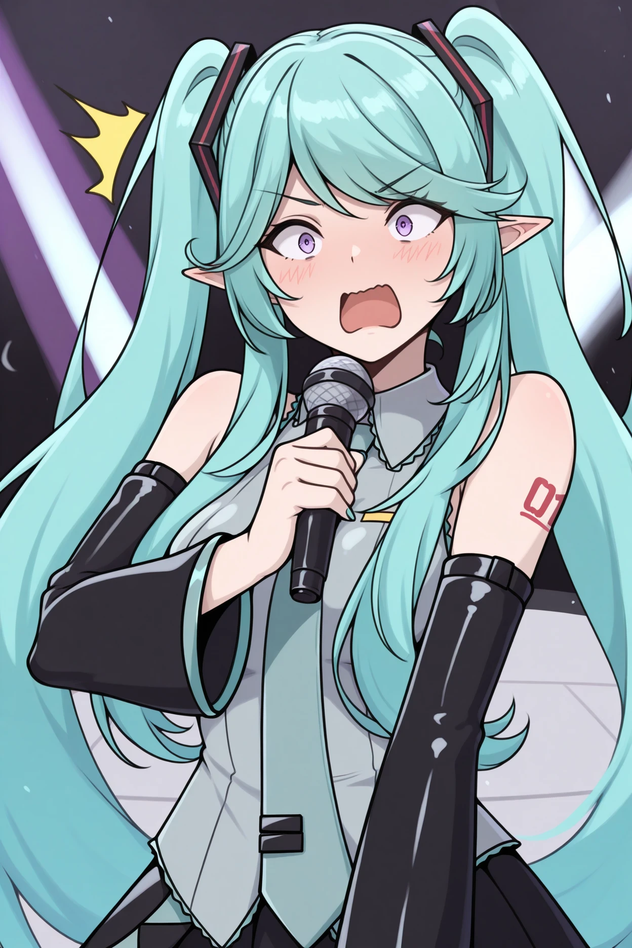 masterpiece, best quality, 1girl, solo, <lora:epsilon-illu-nvwls-v1-000007:1> epsil0n, pointy ears, very long hair, sidelocks, aqua hair, twintails, purple eyes, hatsune miku \(cosplay\), cosplay, shocked, holding microphone, stage