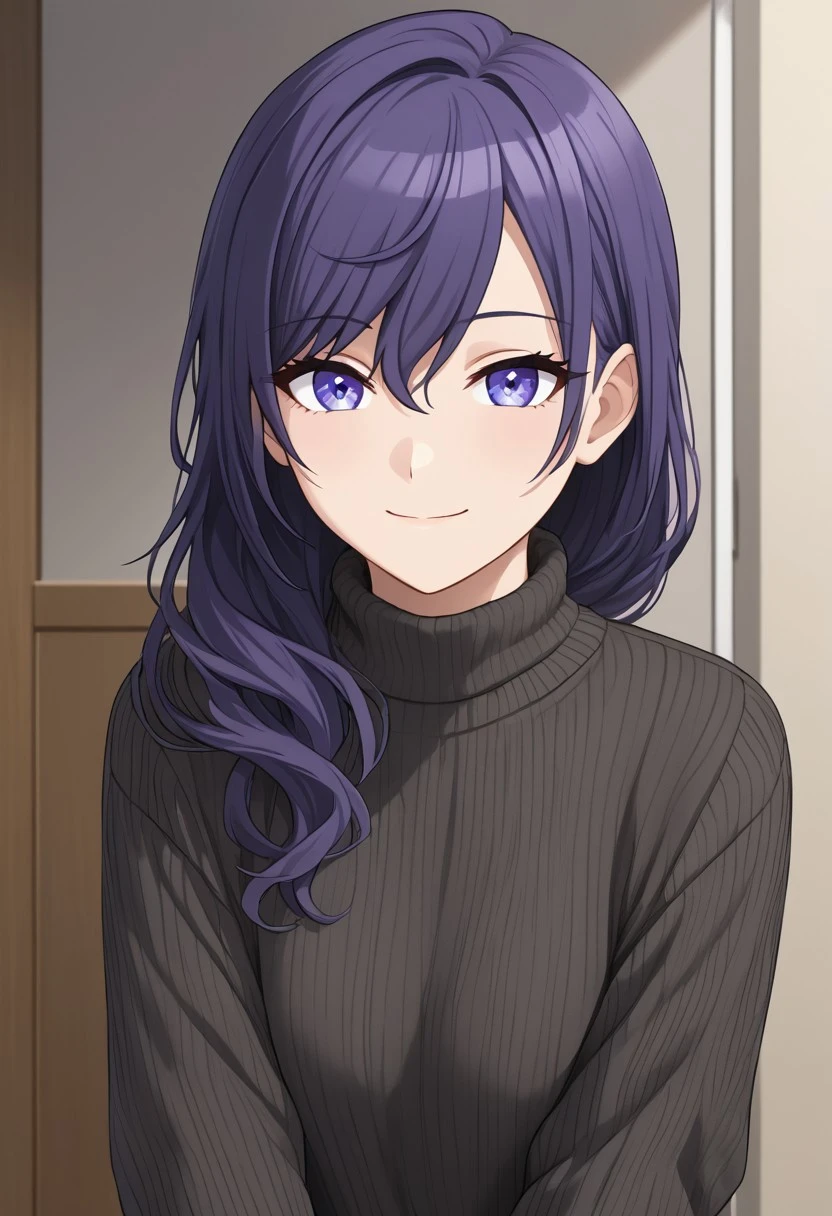(masterpiece), best quality, expressive eyes, perfect face, mafuyu, blue eyes, purple eyes, swept bangs, aged up, hair over shoulders, hair between eyes, light smile, sweater,