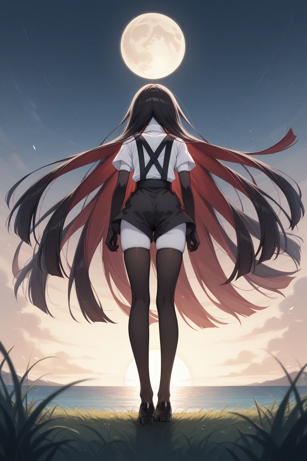 masterpiece, best quality, from behind, 1other, hnkbrt, colored skin, white skin, crystal hair, black hair, colored inner hair, absurdly long hair, white collared shirt, short sleeves, elbow gloves, black gloves, black suspender shorts, white belt, black thighhighs, black footwear, standing, outdoors, wind, grass, ocean, full moon, <lora:Hoseki_LandOfTheLustrous_Bort_IllustriousXL_v1:1>